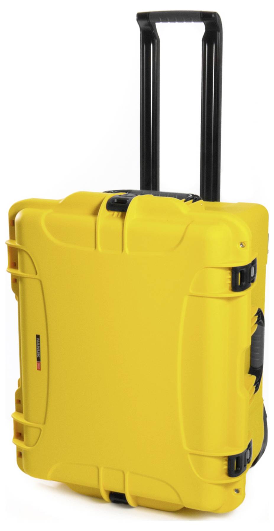 Gelber, harter Rollkoffer mit ausziehbarem Griff und verstärkten Ecken. Geeignet für Reisen oder den sicheren Transport von Gegenständen.