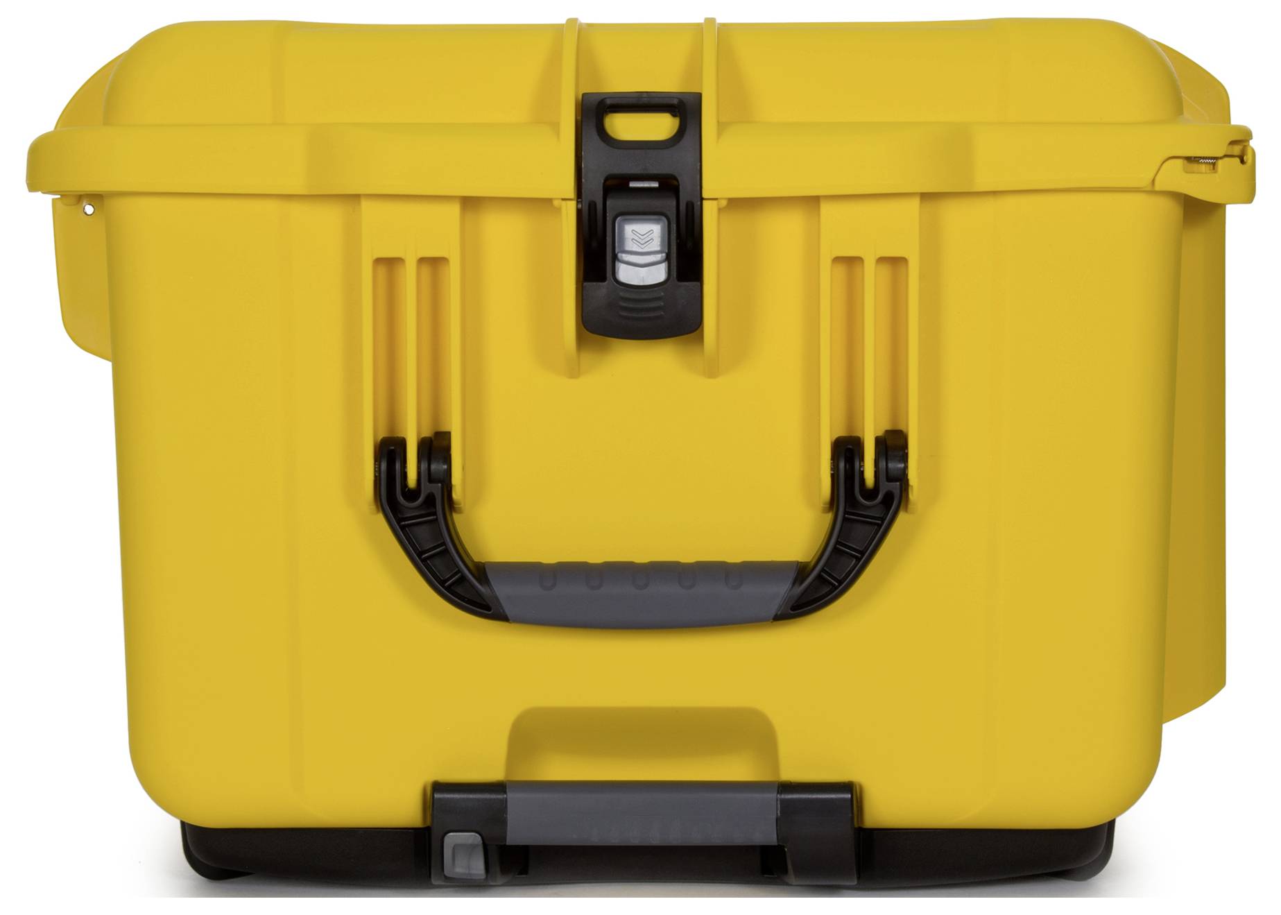 Gelber, robuster Kunststoffbehälter mit schwarzem Griff und Riegel.
