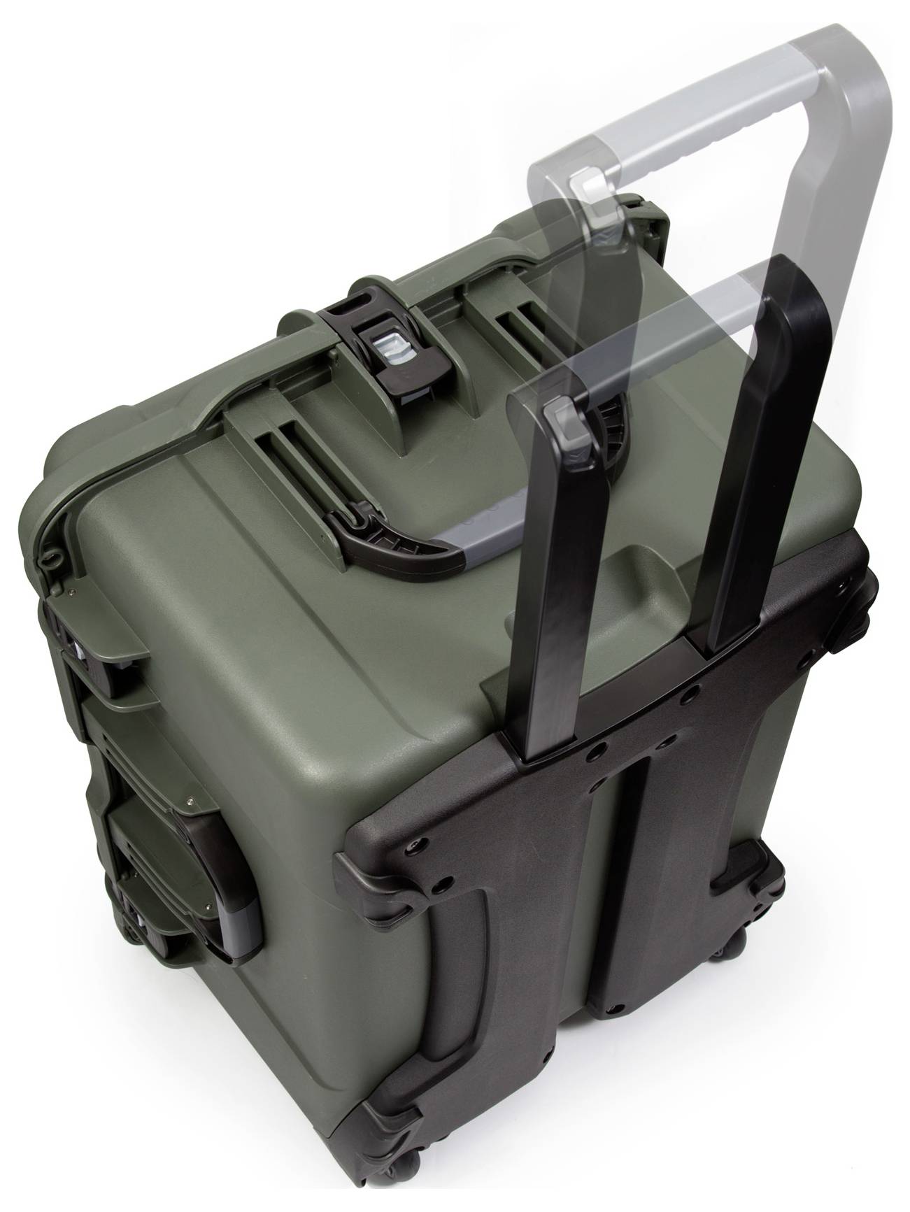 Ein olivgrüner Hartschalen-Koffer mit ausziehbarem Griff und Rädern, ideal für den Transport empfindlicher Ausrüstung.