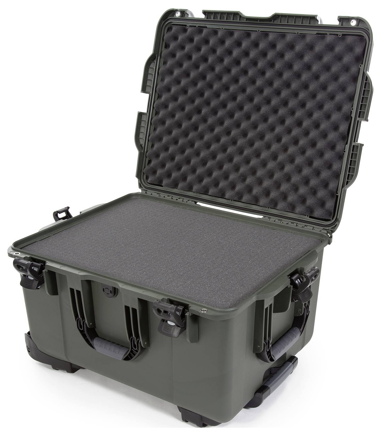 Offener schwarzer Hartschalenkoffer mit Schaumstoffpolsterung für sicheren Transport zerbrechlicher Gegenstände.
