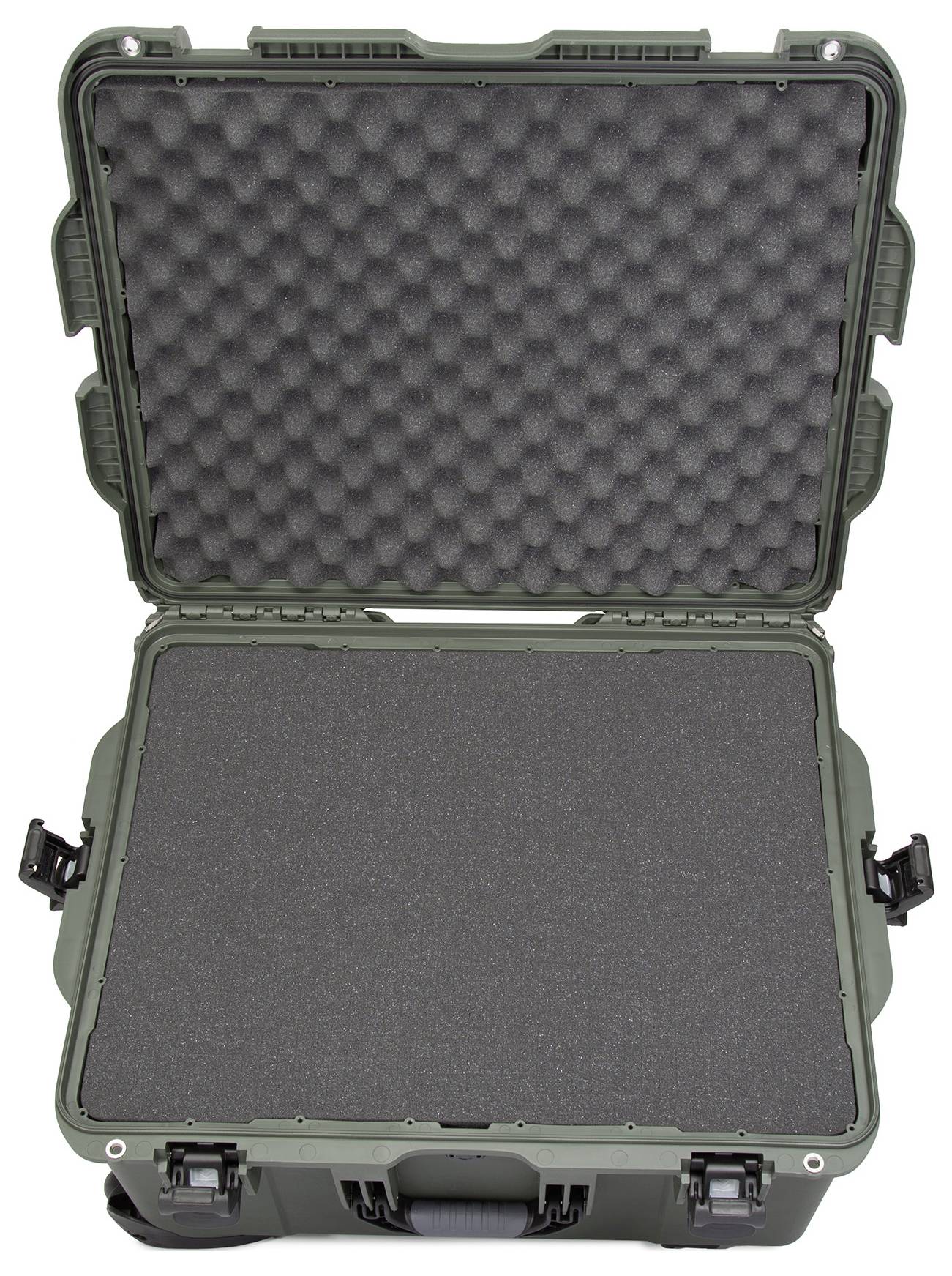 Geöffneter grüner Hartschalenkoffer mit Schaumstoffauskleidung. Ideal zum sicheren Transport von empfindlichen Gegenständen.