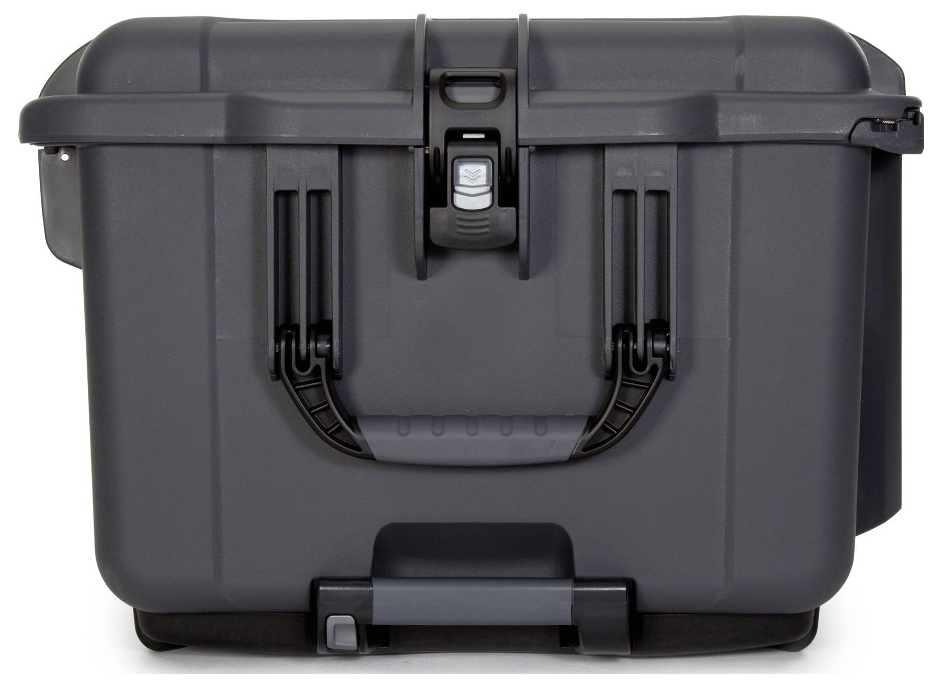 Eine schwarze, robuste Kunststoff-Box mit Tragegriff und Schnappverschluss auf der Vorderseite. Ideal zur sicheren Aufbewahrung.