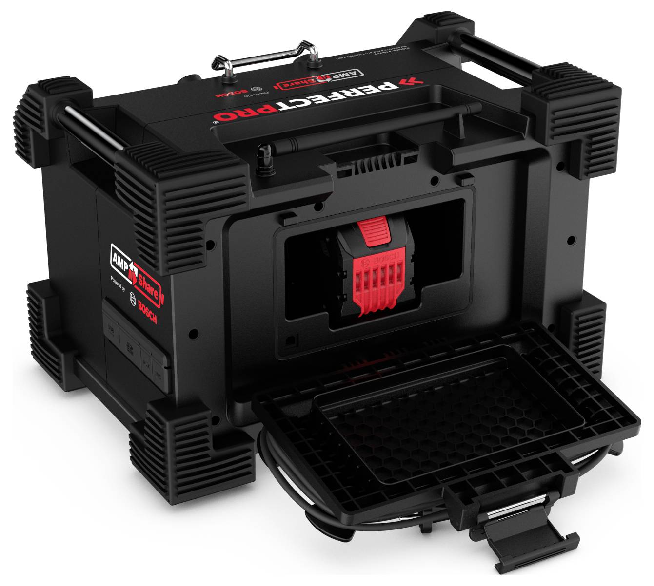 PerfectPro ROCKHART 18V Baustellenradio DAB+, UKW AUX, Bluetooth®, DAB+, SD, UKW, USB Powerbank-Funktion, spritzwassergeschützt