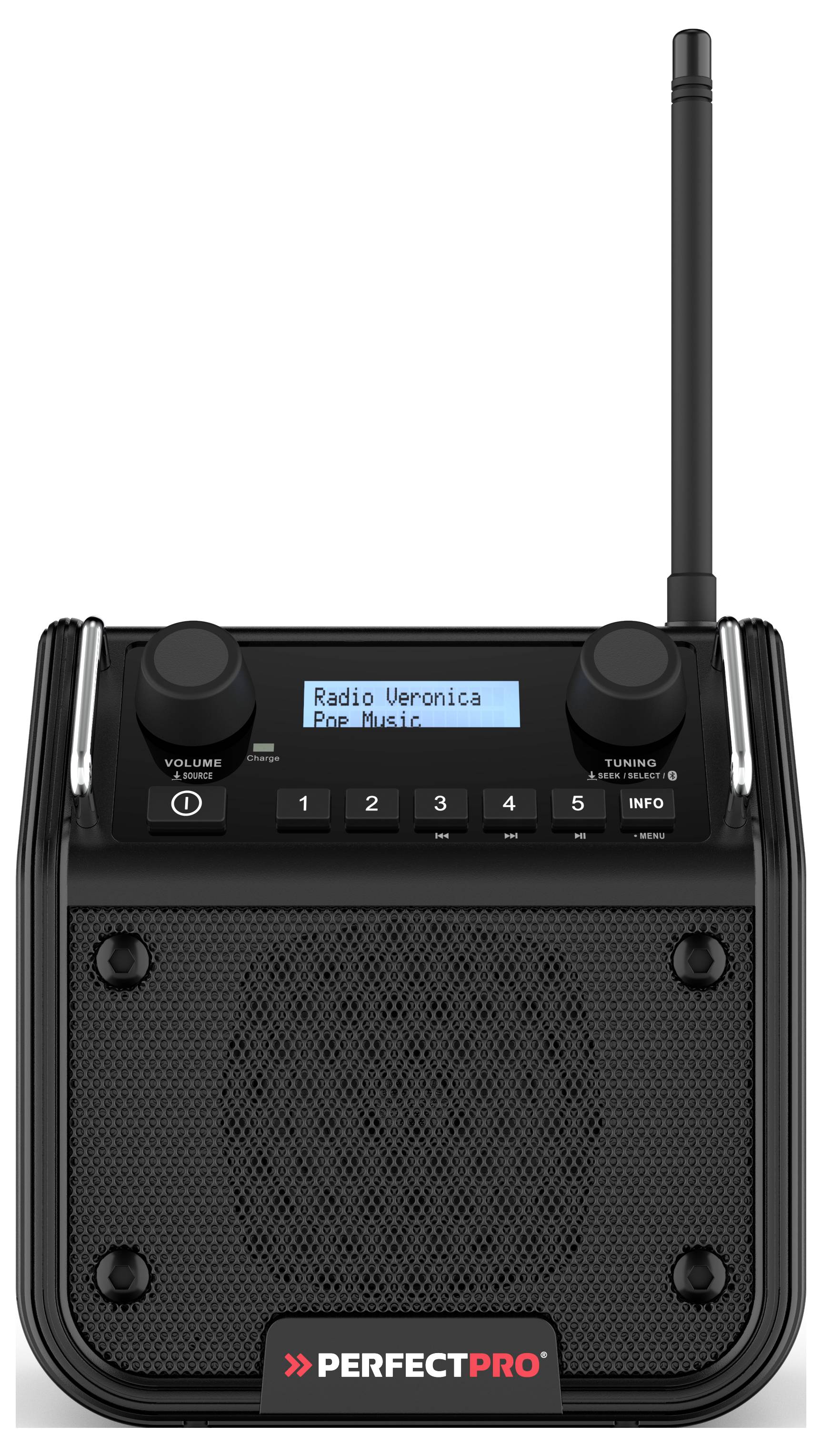 PerfectPro DPR2-18V Baustellenradio DAB+, UKW AUX, Bluetooth®, DAB+, UKW spritzwassergeschützt, staubdicht, stoßfest Schwarz