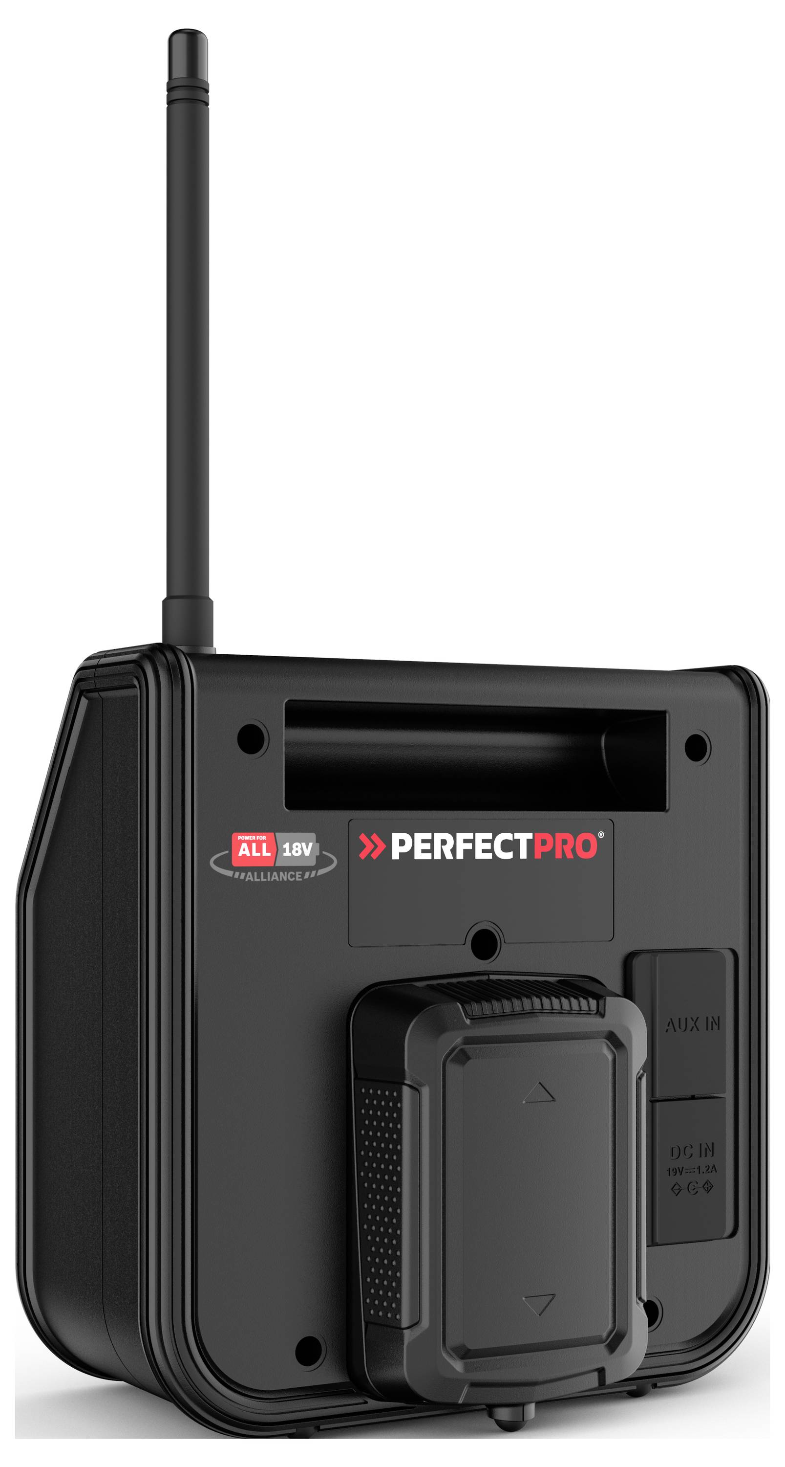 PerfectPro DPR2-18V Baustellenradio DAB+, UKW AUX, Bluetooth®, DAB+, UKW spritzwassergeschützt, staubdicht, stoßfest Schwarz