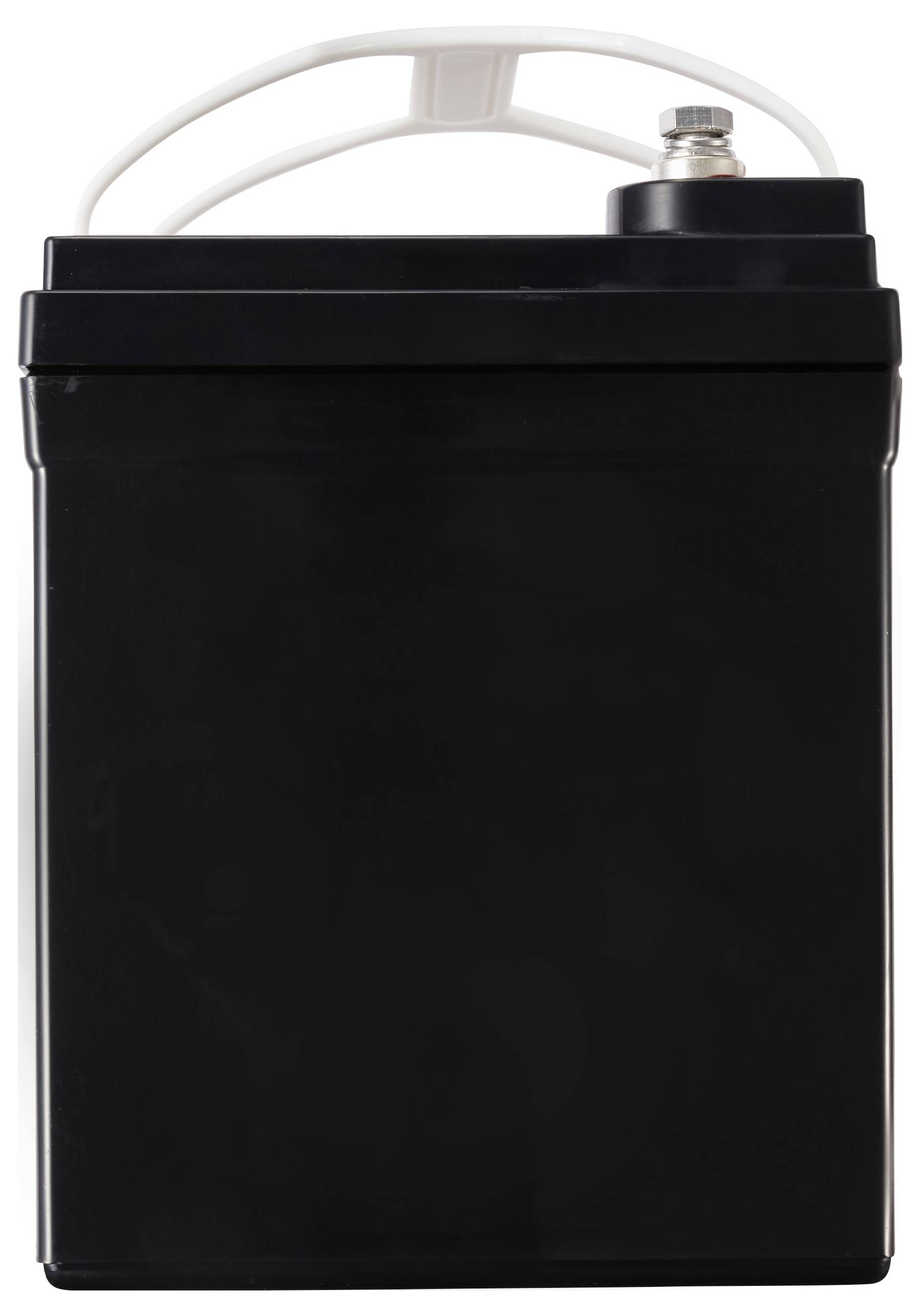 Schwarze Batterie mit weißem Griff und Metallpol, vertikal ausgerichtet, vor weißem Hintergrund.