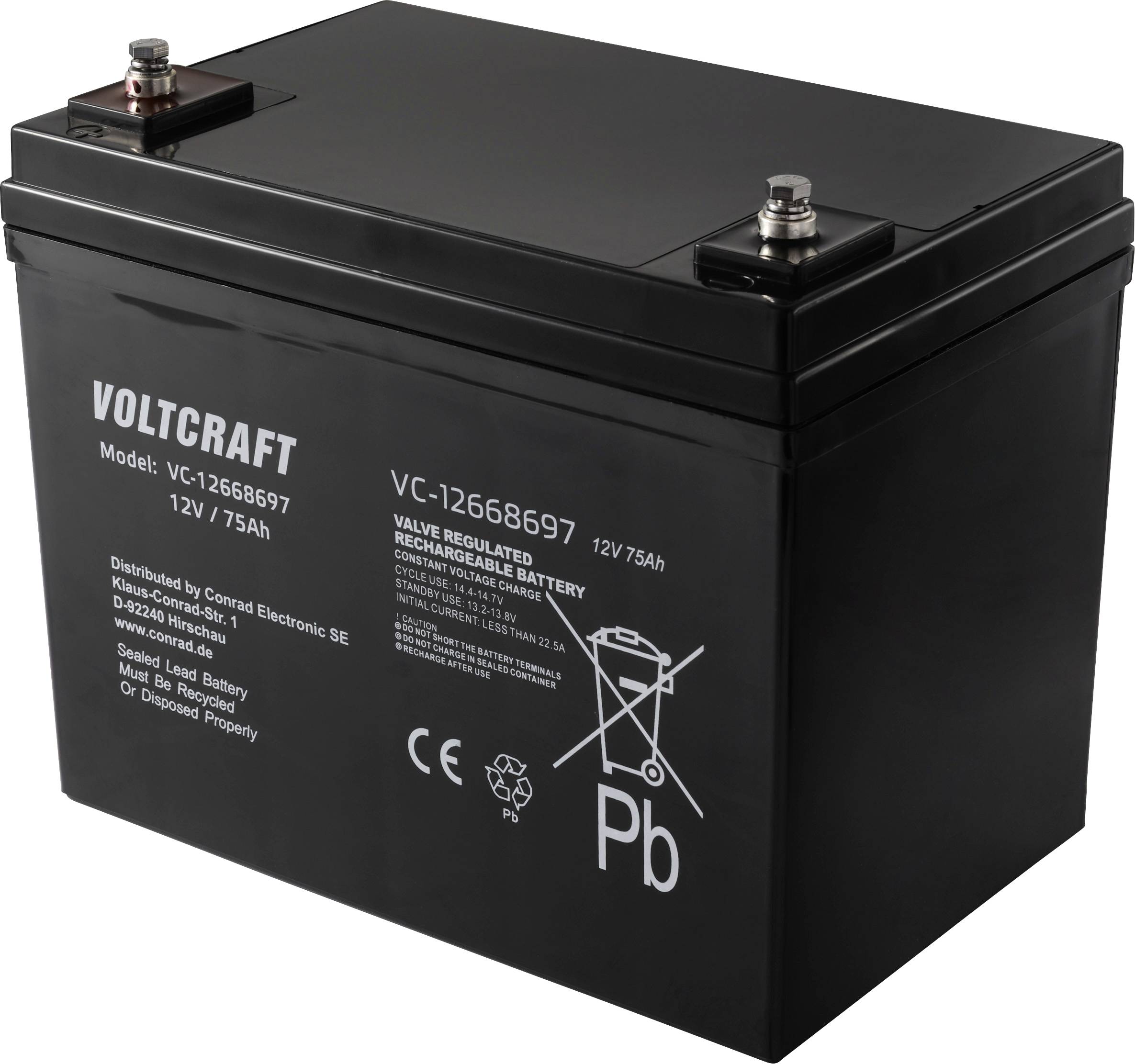 Schwarze wiederaufladbare Batterie der Marke Voltcraft mit der Aufschrift '12V 7,5Ah', zwei Pole oben und Warnhinweise an der Seite.