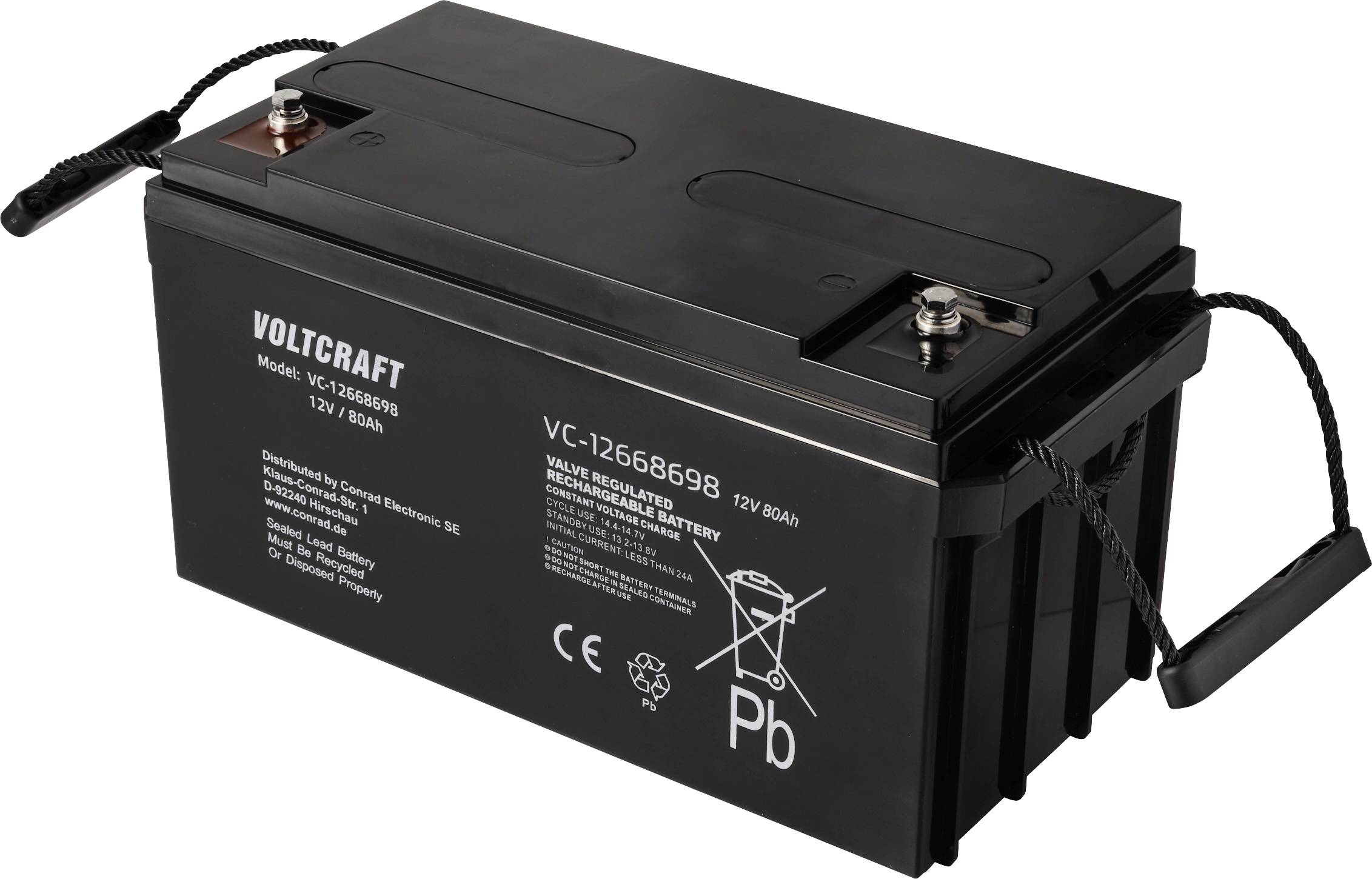 Schwarze Autobatterie mit der Aufschrift 'VOLTCRAFT' und Spezifikationen: Modell VC1265698, 12V, 60Ah. Zwei Anschlussklemmen sichtbar.