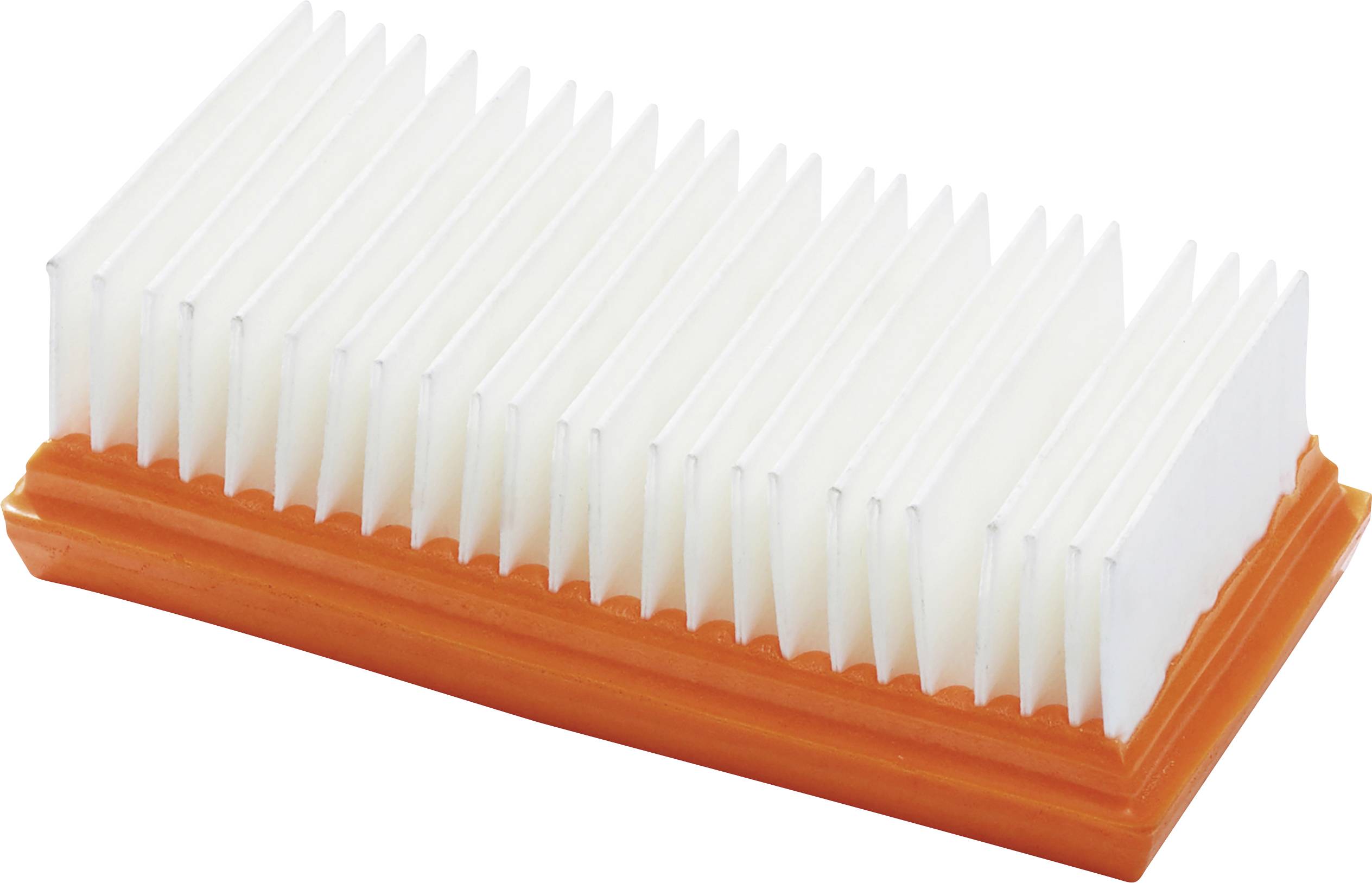 Rechteckiger Luftfilter mit weißen Lamellen und orangefarbenem Rahmen.