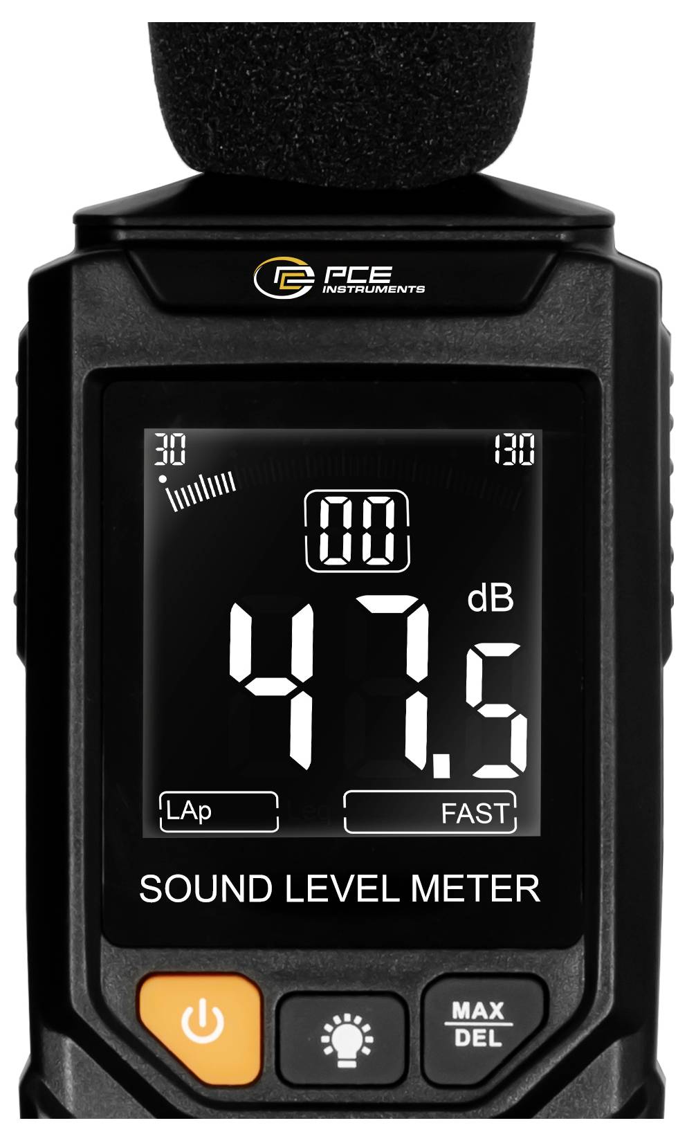 Nahaufnahme eines Schallpegelmessers von PCE Instruments, der 47,5 dB in großen Ziffern anzeigt, mit sichtbaren Schaltflächen 