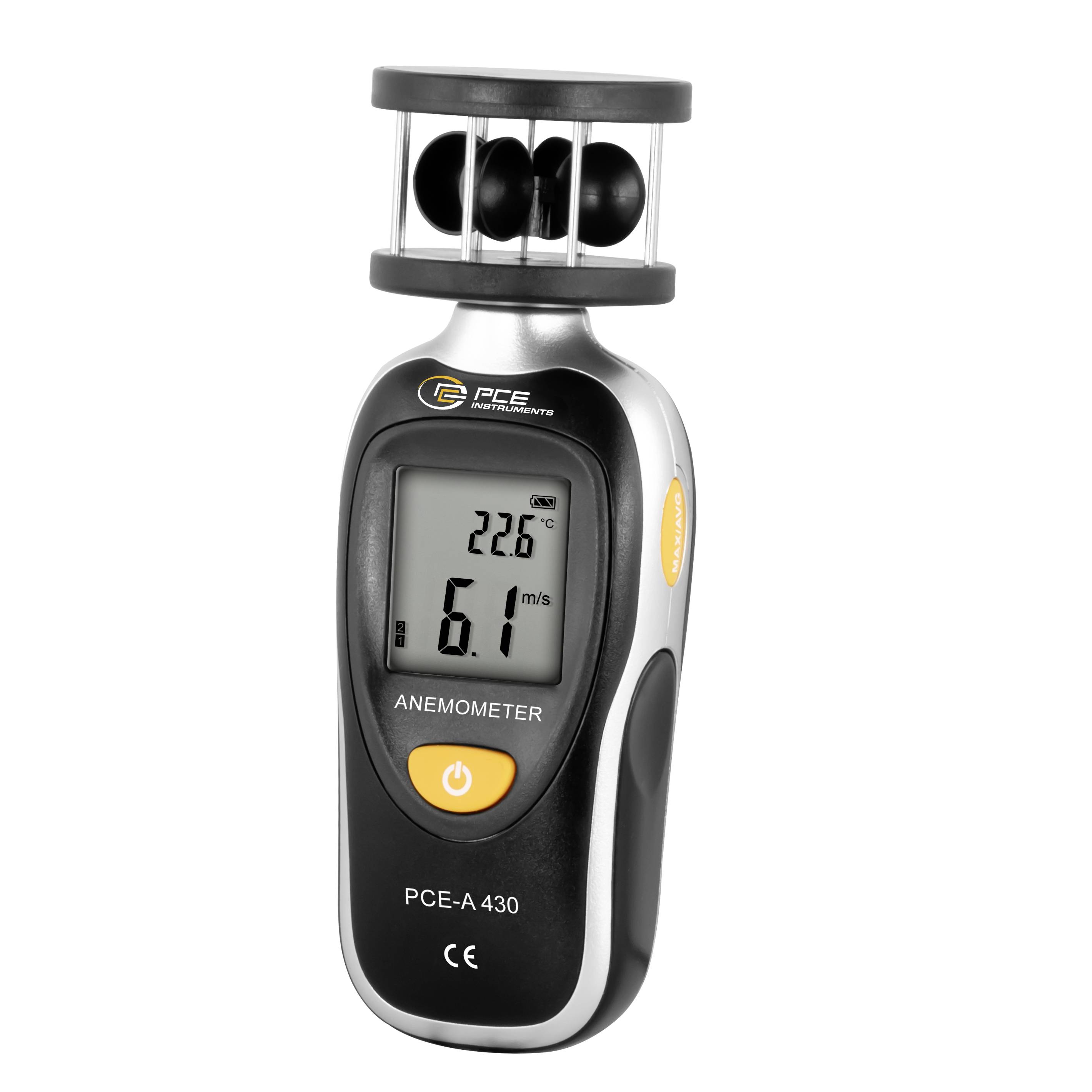 Tragbares PCE-A 430-Anemometer zeigt 6,1 m/s und 22,6°C auf seinem Display an.