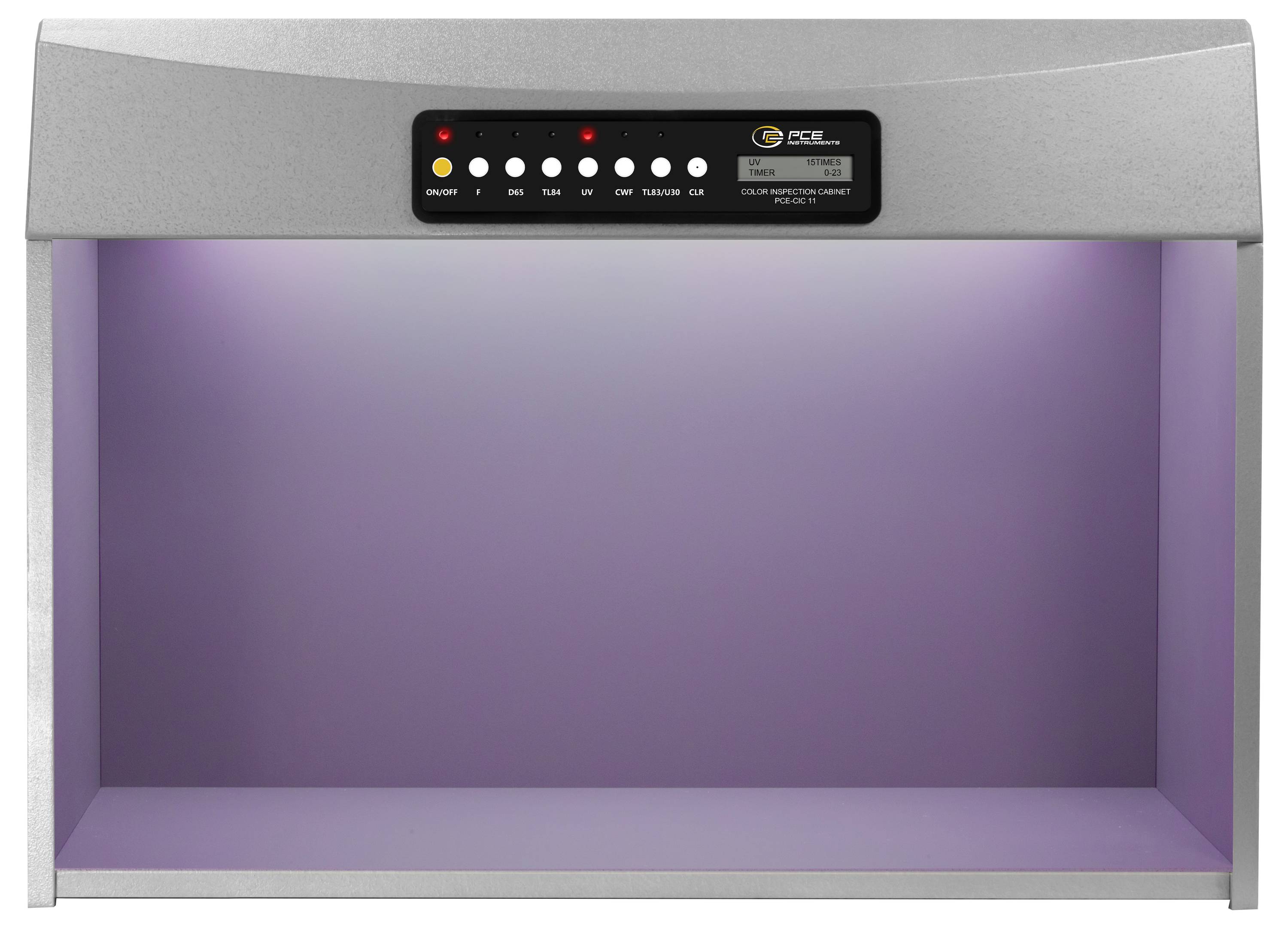 Violette Lichtkabine mit Bedienfeld und Anzeigeknöpfen oben, verwendet zur Farbbeurteilung unter standardisierter Beleuchtung.