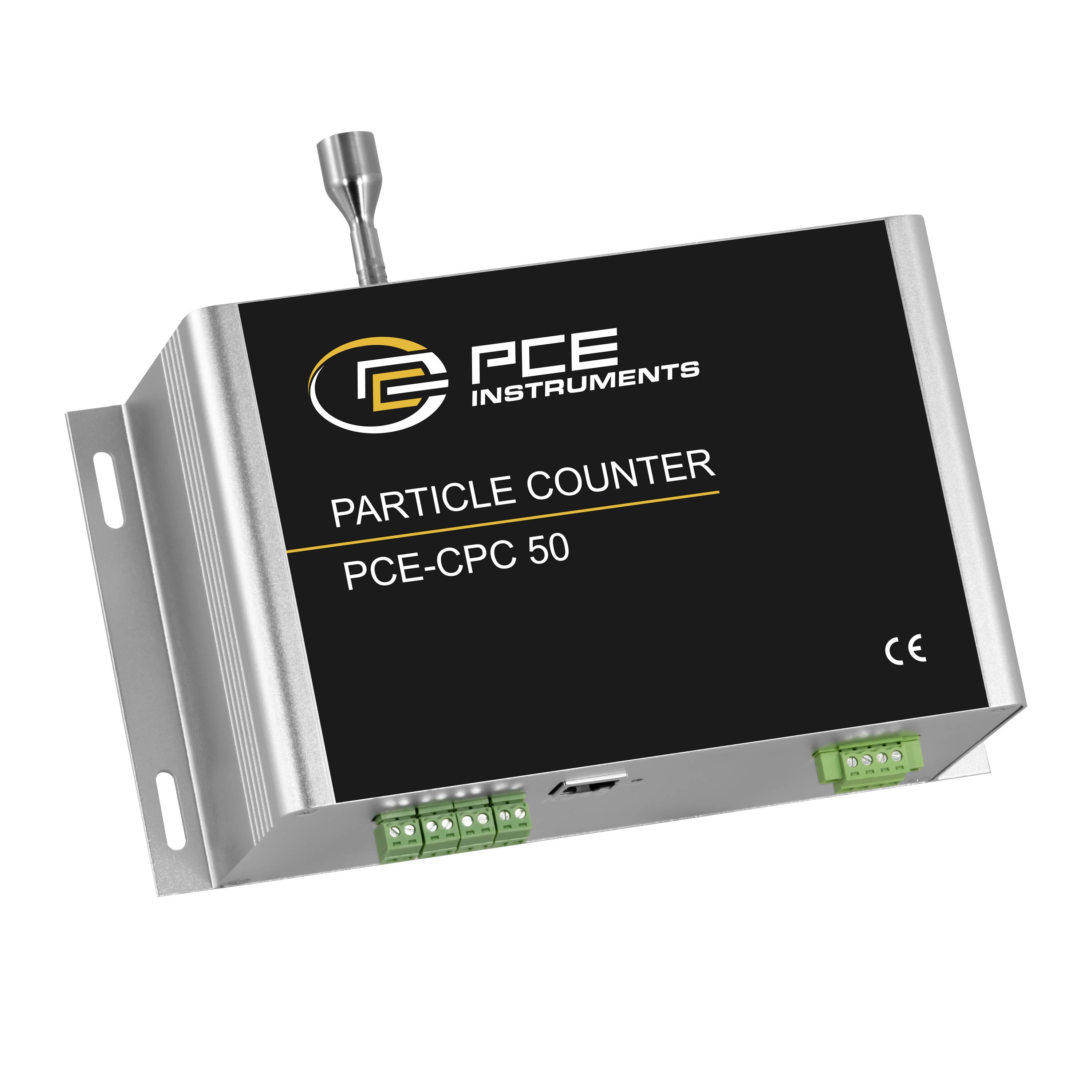 PCE Instruments PCE-CPC 50 Partikelzählgerät in einem Metallgehäuse mit Anschlüssen und oberer Einlassöffnung.