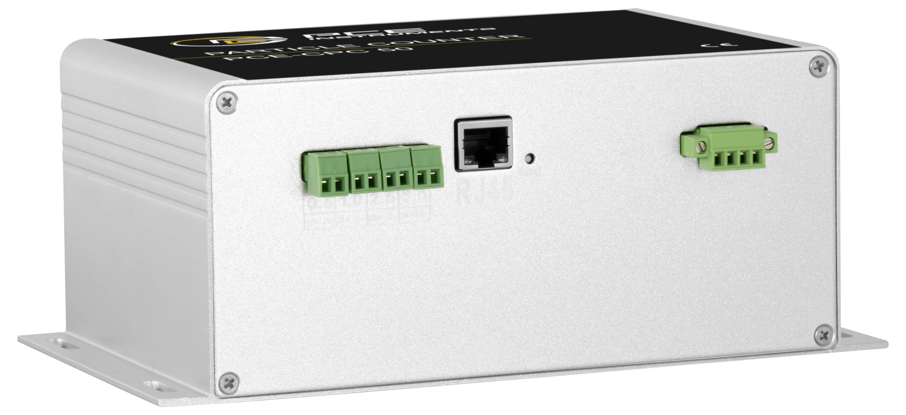 Metallisches Silber-Elektronikmodul mit Befestigungsflantschen, Frontanschlüsse einschließlich zwei grüner Klemmleisten und einer Ethernet-Buchse.