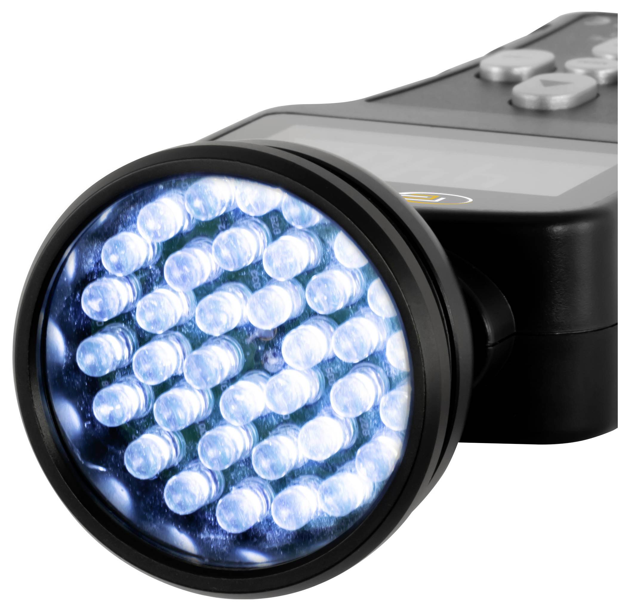 Nahaufnahme einer tragbaren Taschenlampe mit einem hellen blauen LED-Lichtfeld und Steuertasten oben.
