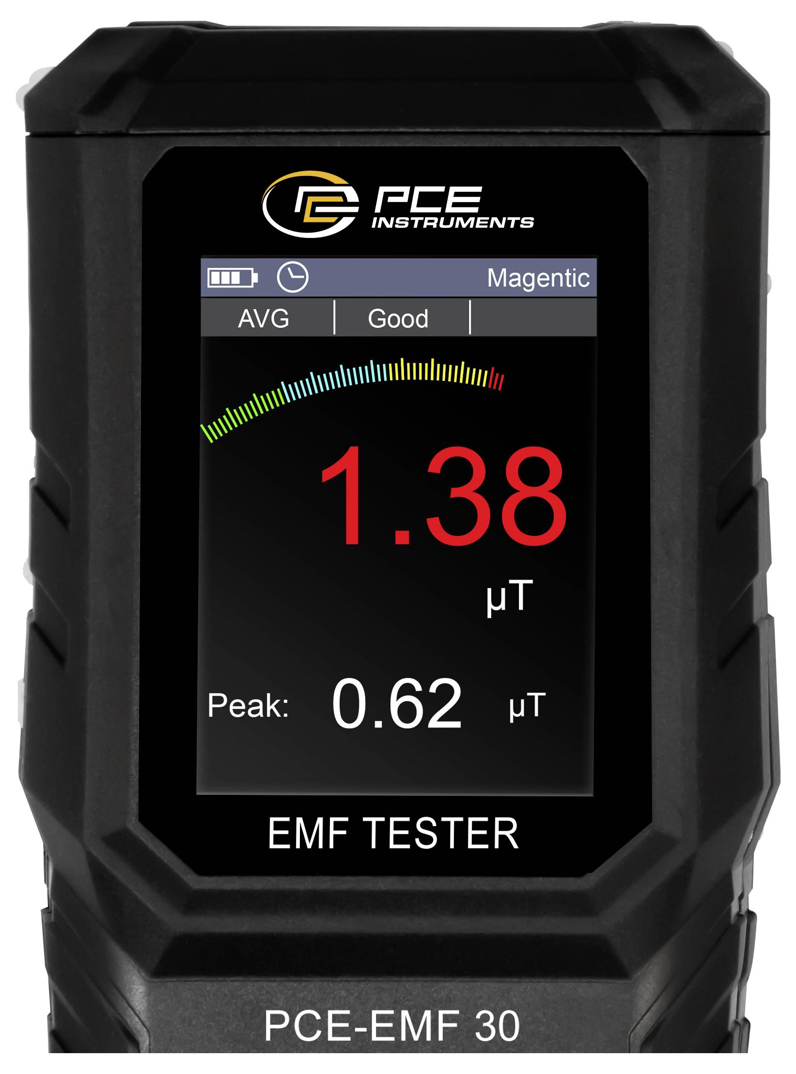 Tragbarer PCE-EMF-Prüfer mit Display-Anzeige einer Magnetfeldmessung von 1,38 µT, mit Durchschnitts- und Spitzenwerten im Status „Gut