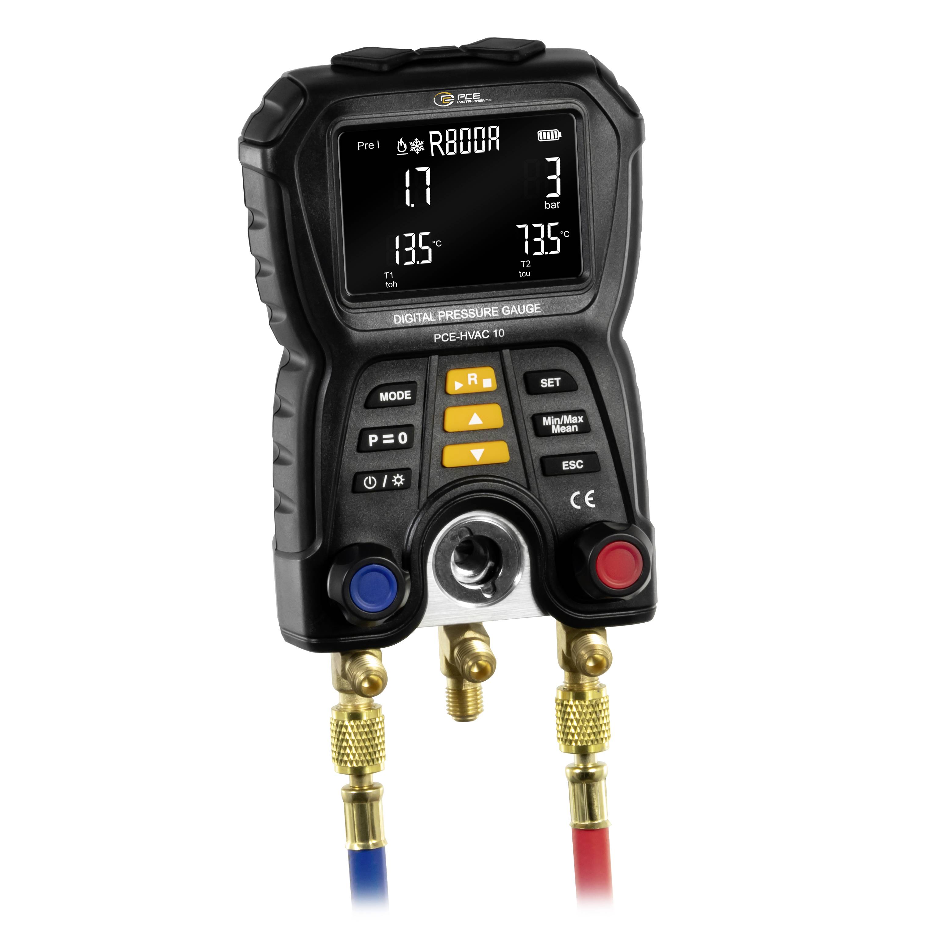 Digital pressure gauge with LCD display, control buttons, and three brass hose connections, shown on a white background.