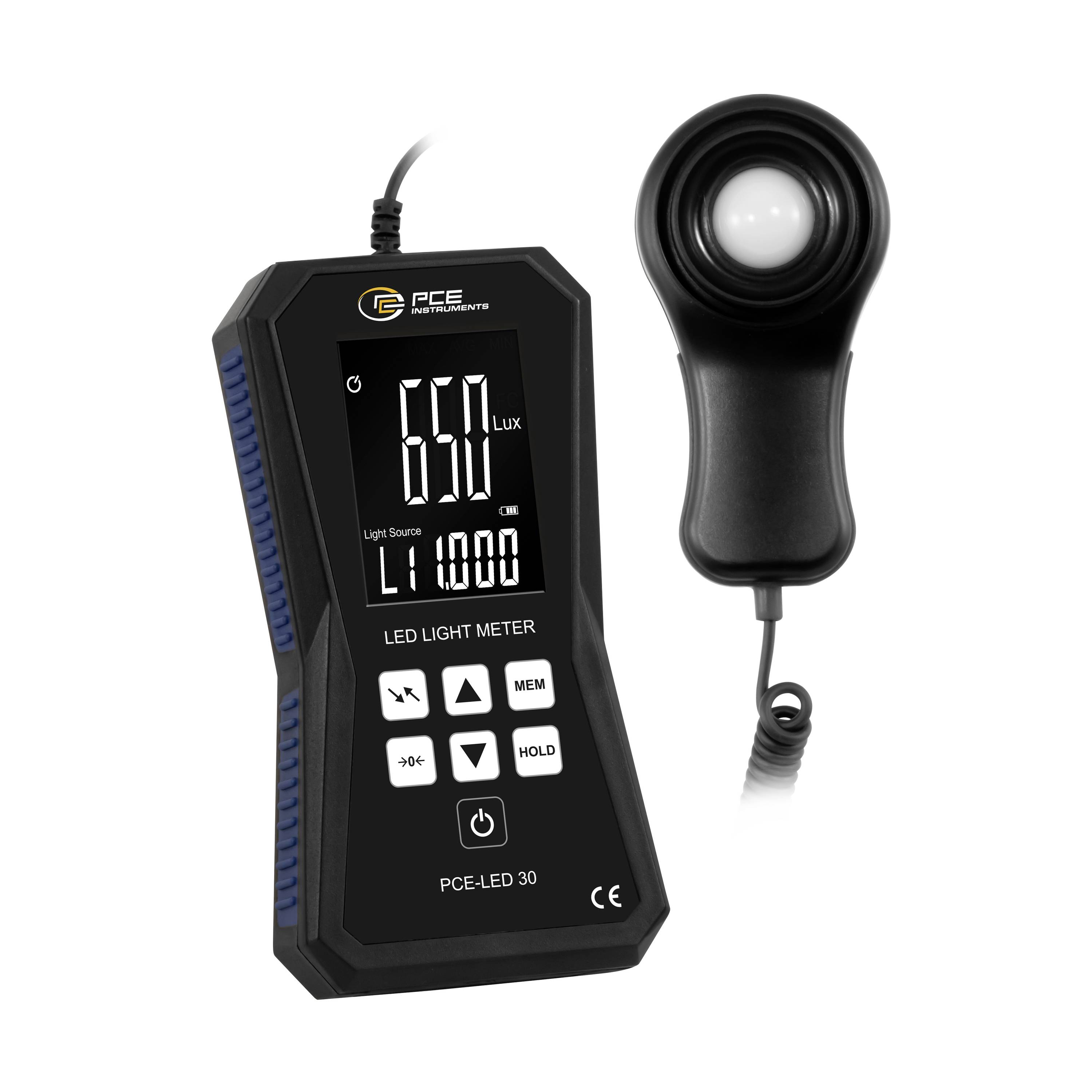 Digitales LED-Lichtstärkemessgerät mit separater Sensor-Sonde, das 650 Lux und L1 000 auf seinem Display anzeigt.
