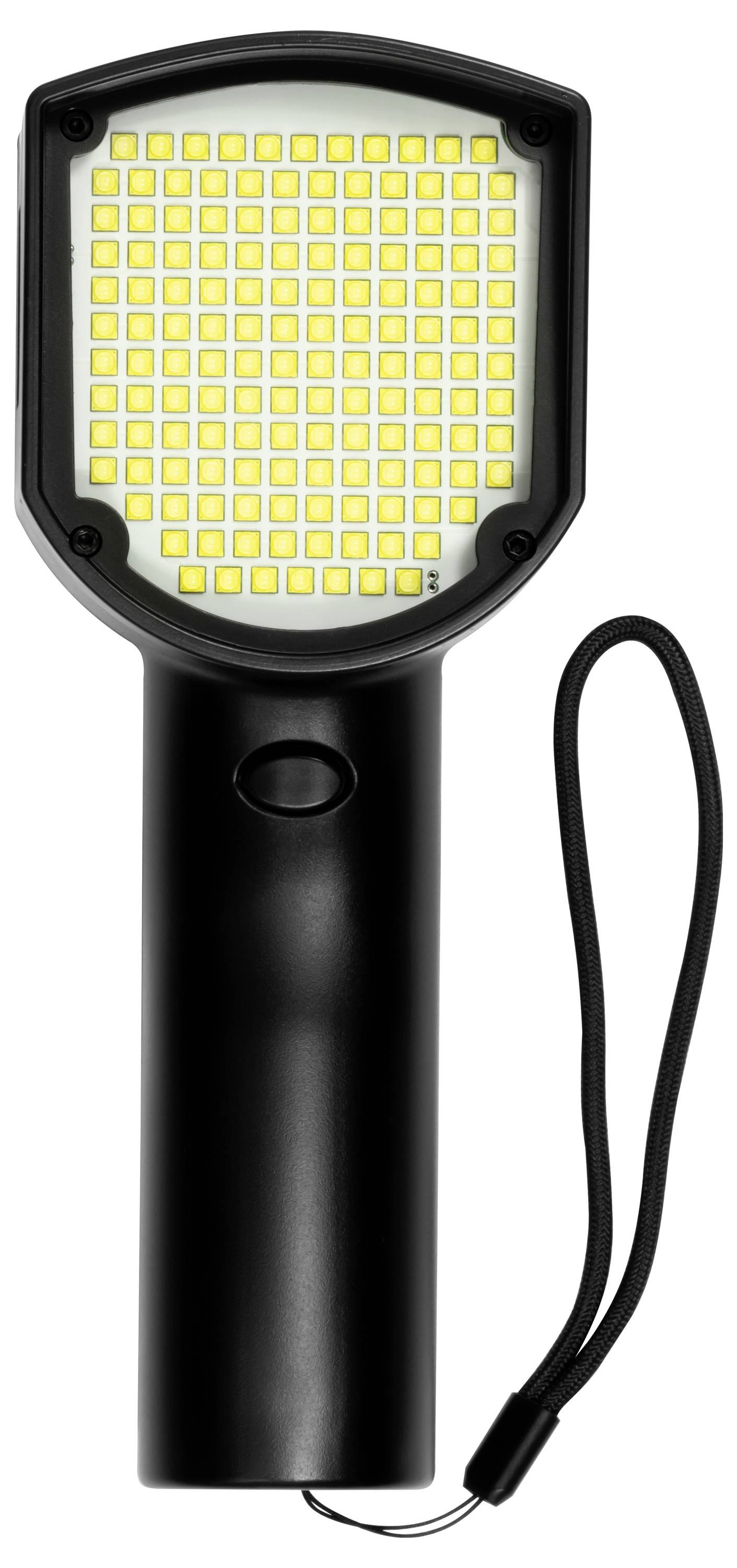 Schwarze tragbare LED-Taschenlampe mit einem großen quadratischen Feld aus gelben Lichtern und einem Handgelenkband auf weißem Hintergrund