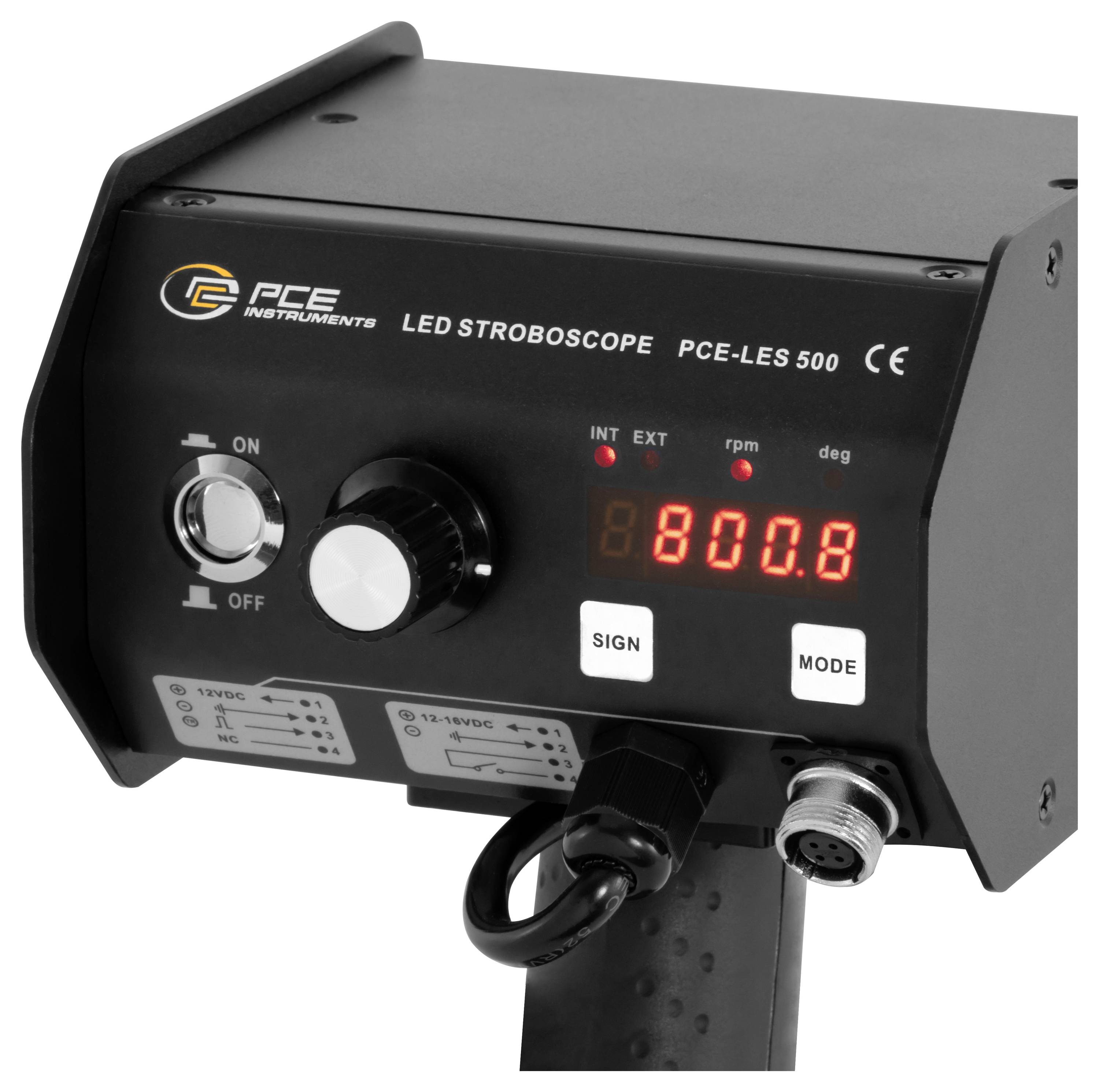 Schwarzes PCE Instruments LED-Stroboskop-Steuergerät mit Ein-/Ausschalter, Einstellregler, digitaler RPM-Anzeige und Anschlussanschlüssen.