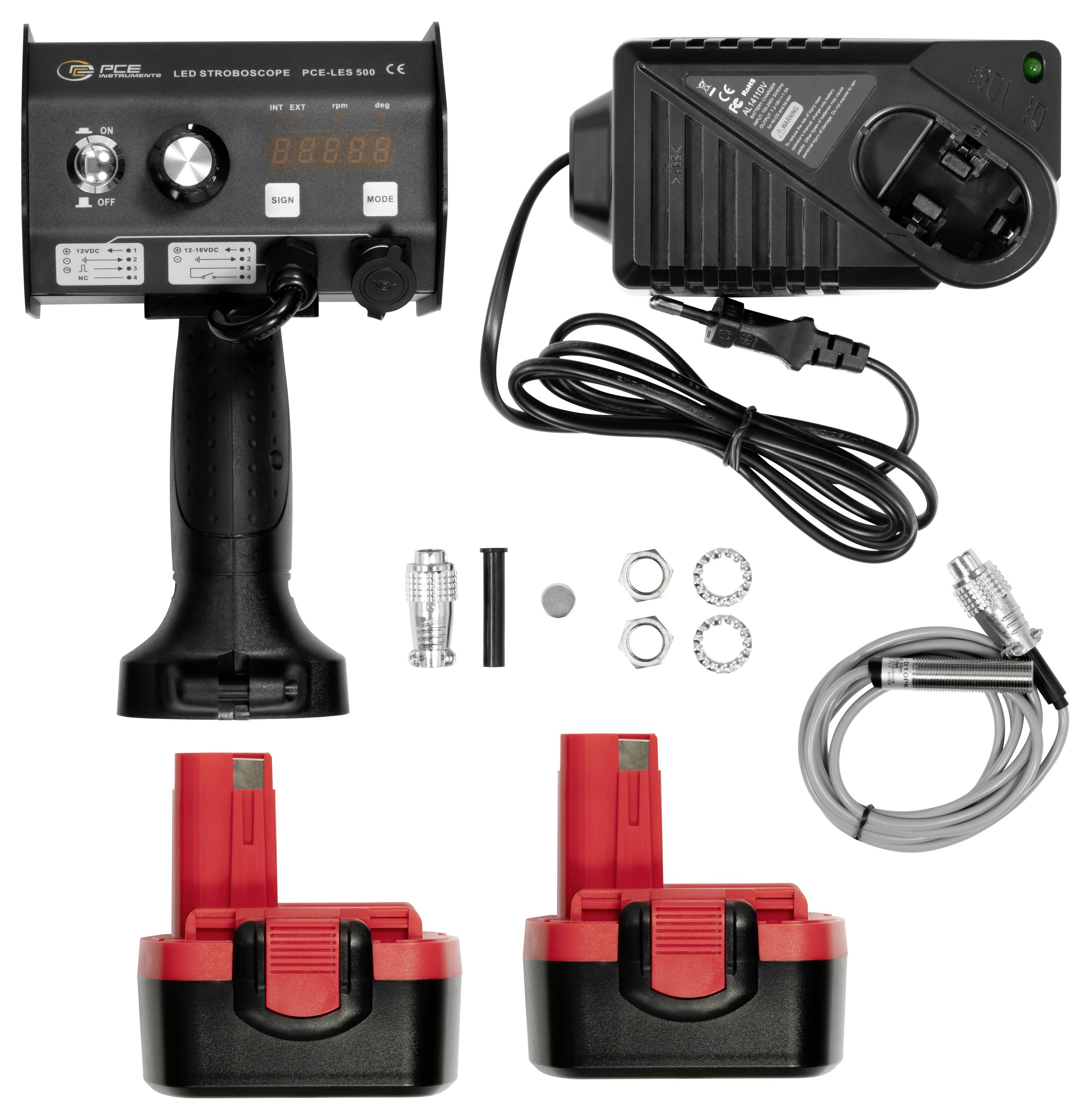 Produktfoto eines kabellosen LED-Stroboskop-Sets mit tragbarem Regler, Ladegerät, Kabel und Zubehör, plus zwei rote Akkupacks.