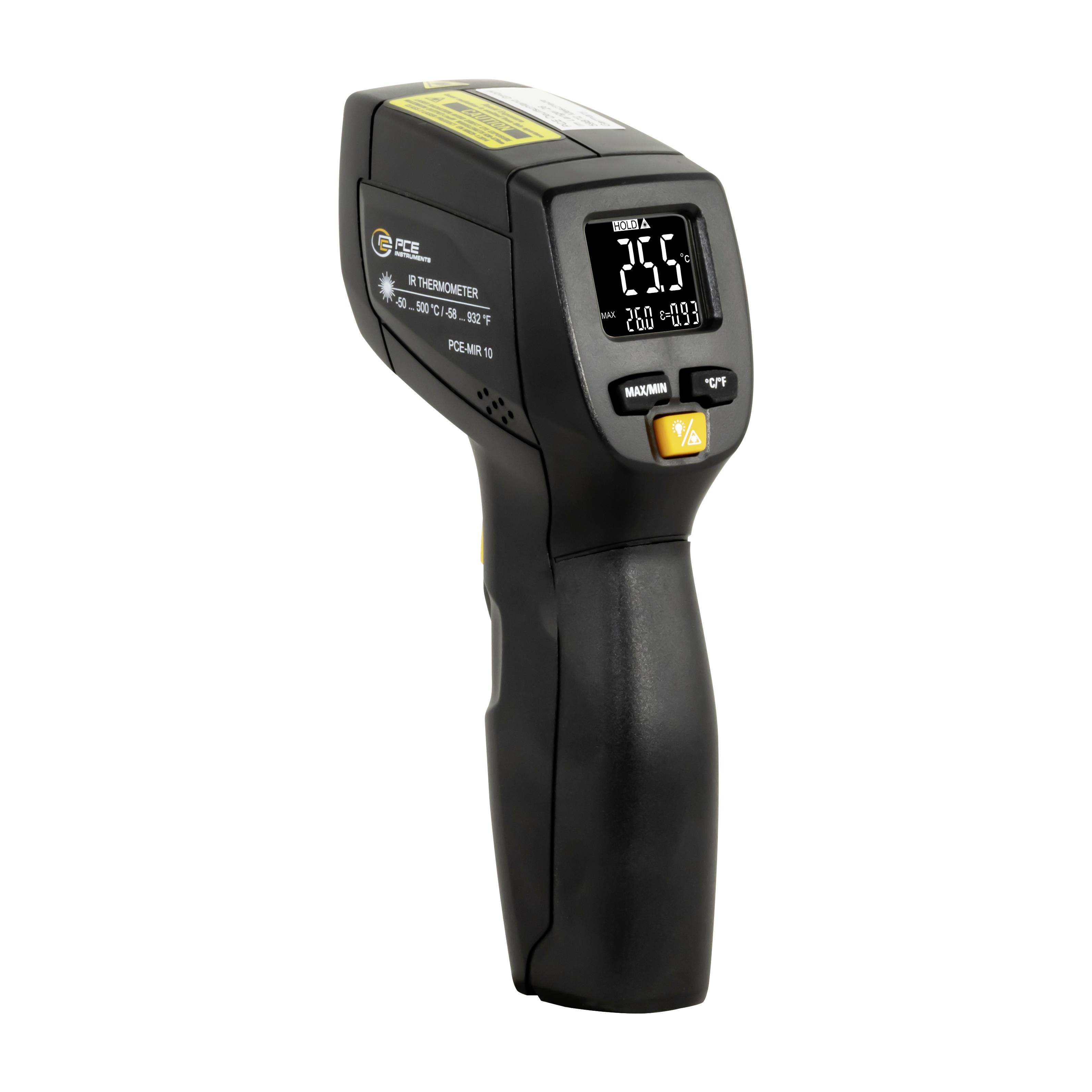 Tragbares Infrarot-Thermometer mit digitaler Anzeige, die 26,5°C zeigt, Temperaturmesstasten und Pistolengriffdesign auf weißem Hintergrund.