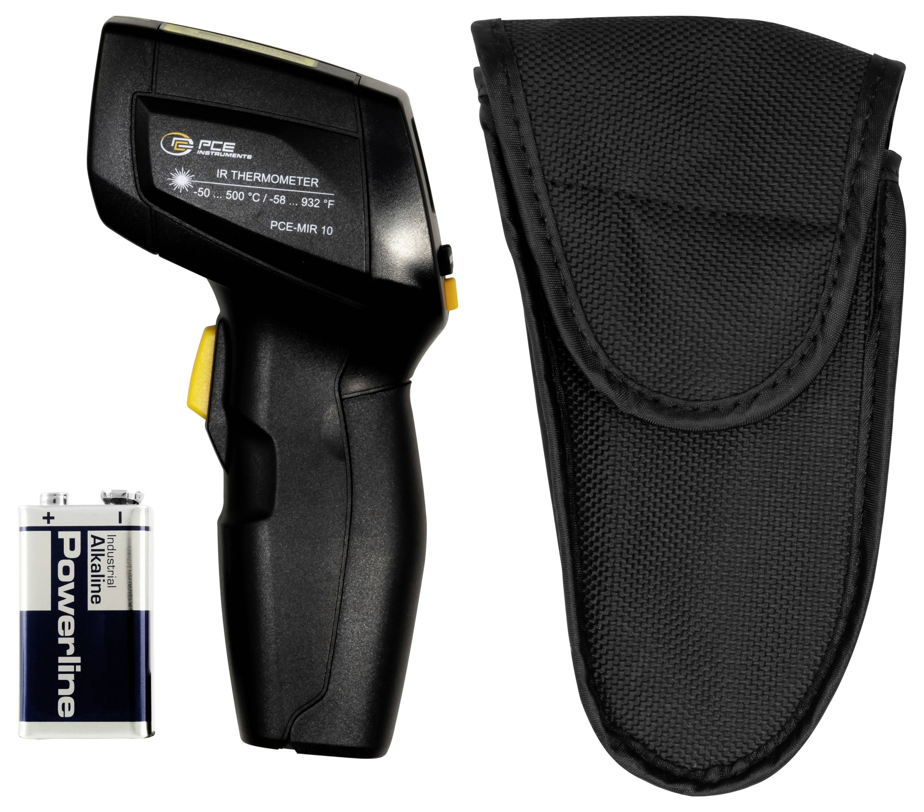 Infrarot-Thermometerpistole, Transportkoffer und 9-V-Batterie auf weißem Hintergrund.