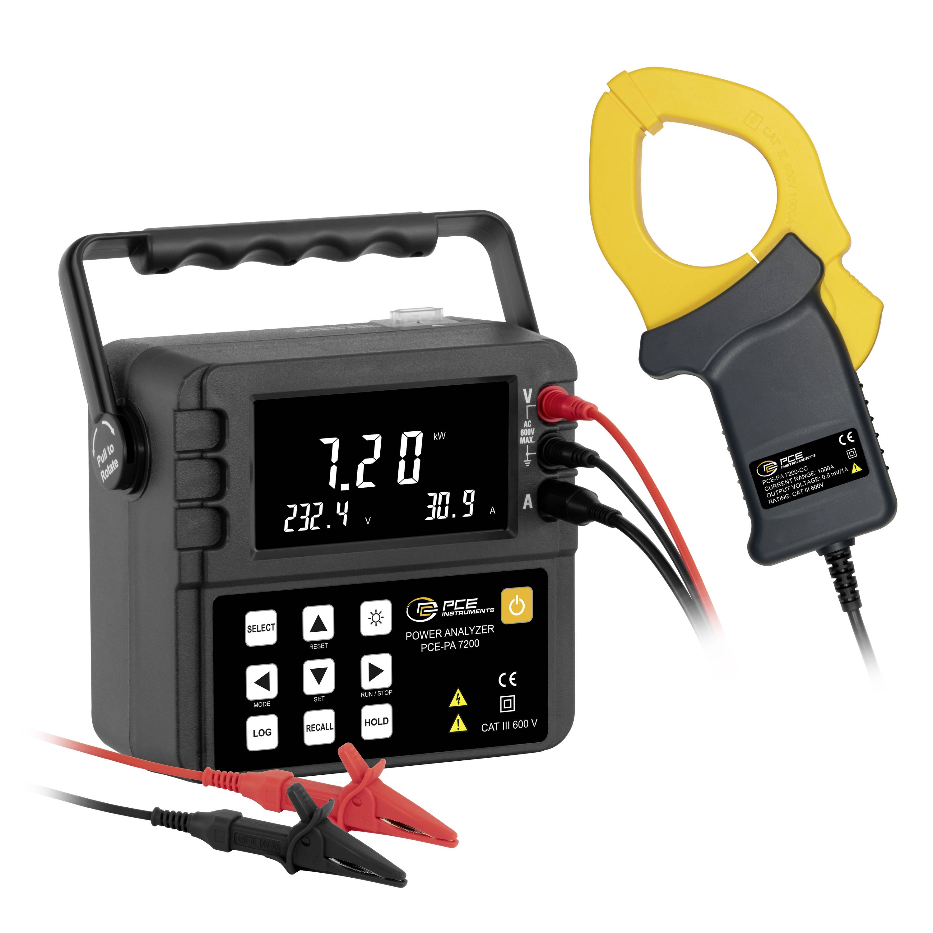 Tragbarer Stromanalysator mit Stromzange und Messleitungen, zeigt Live-Messwerte von 7,20 kW, 232,4 V und 30,9 A.