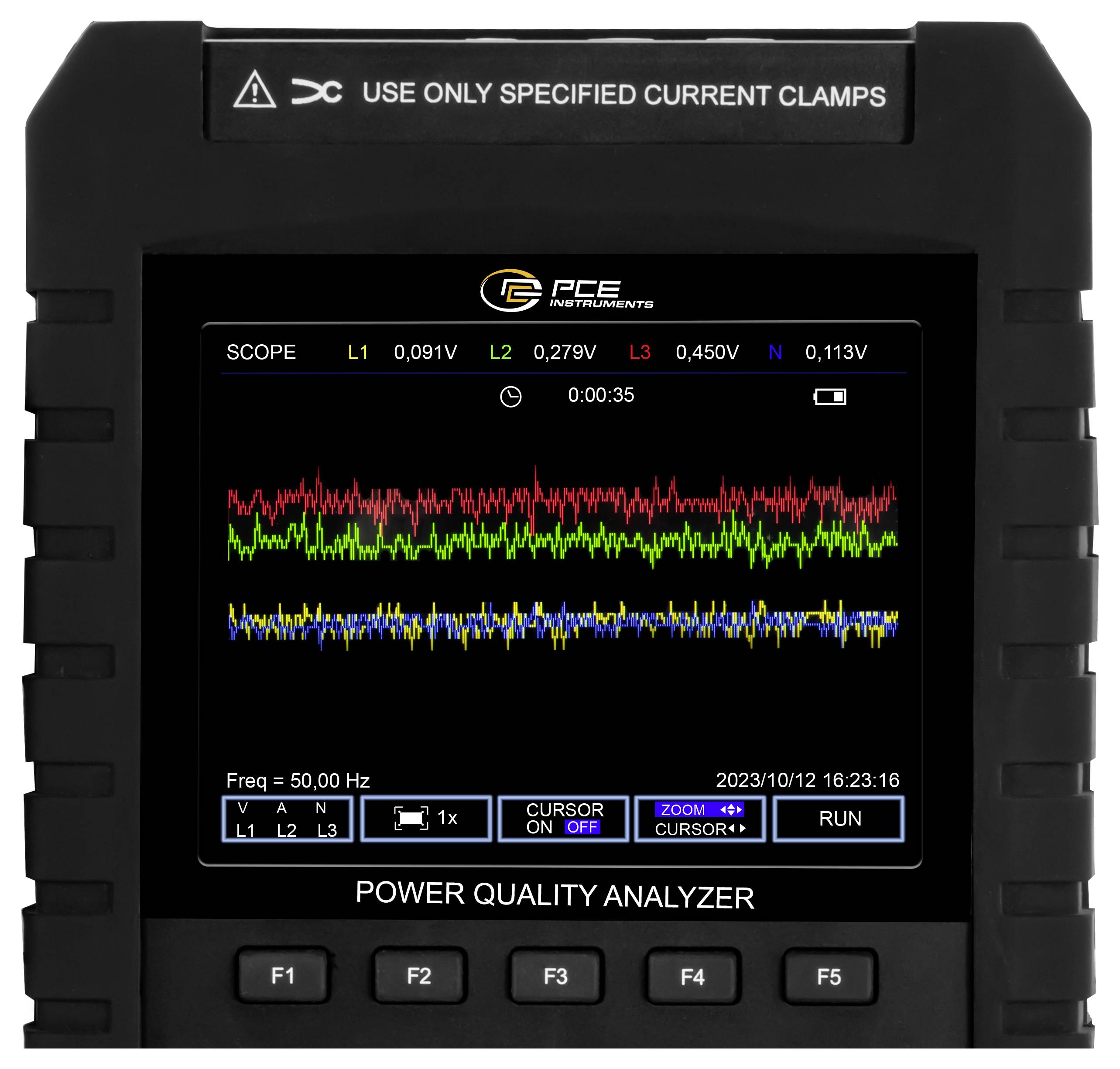 Stromqualitätsanalysator-Bildschirm zeigt Live-Spannungswellenformen für L1, L2, L3 und N, mit einer Frequenz von 50,00 Hz und Laufstatus.