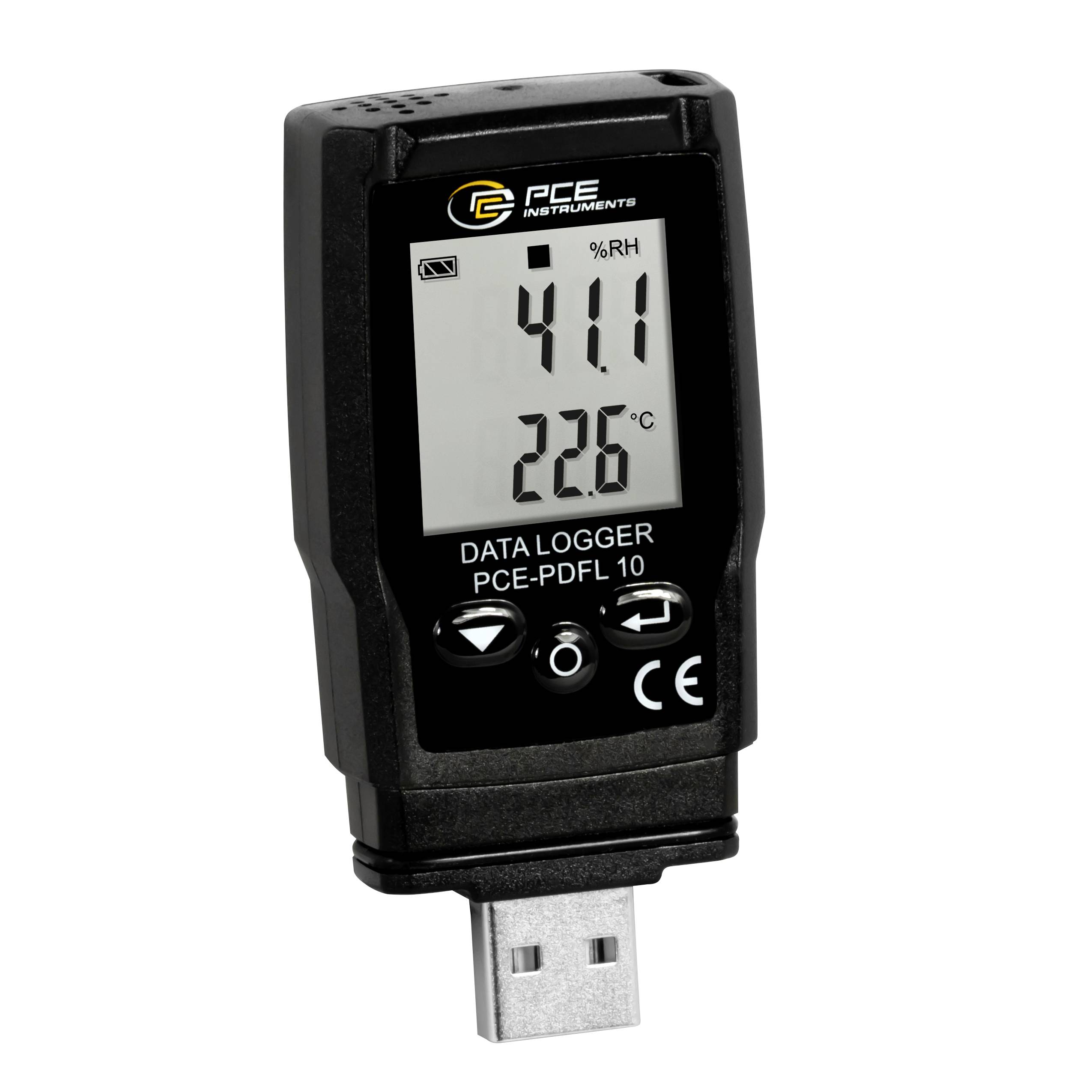 Schwarzer USB-Datenlogger mit LCD-Display, das 41,1% relative Luftfeuchte und 22,6°C anzeigt, mit der Bezeichnung PCE-PDFL 10.