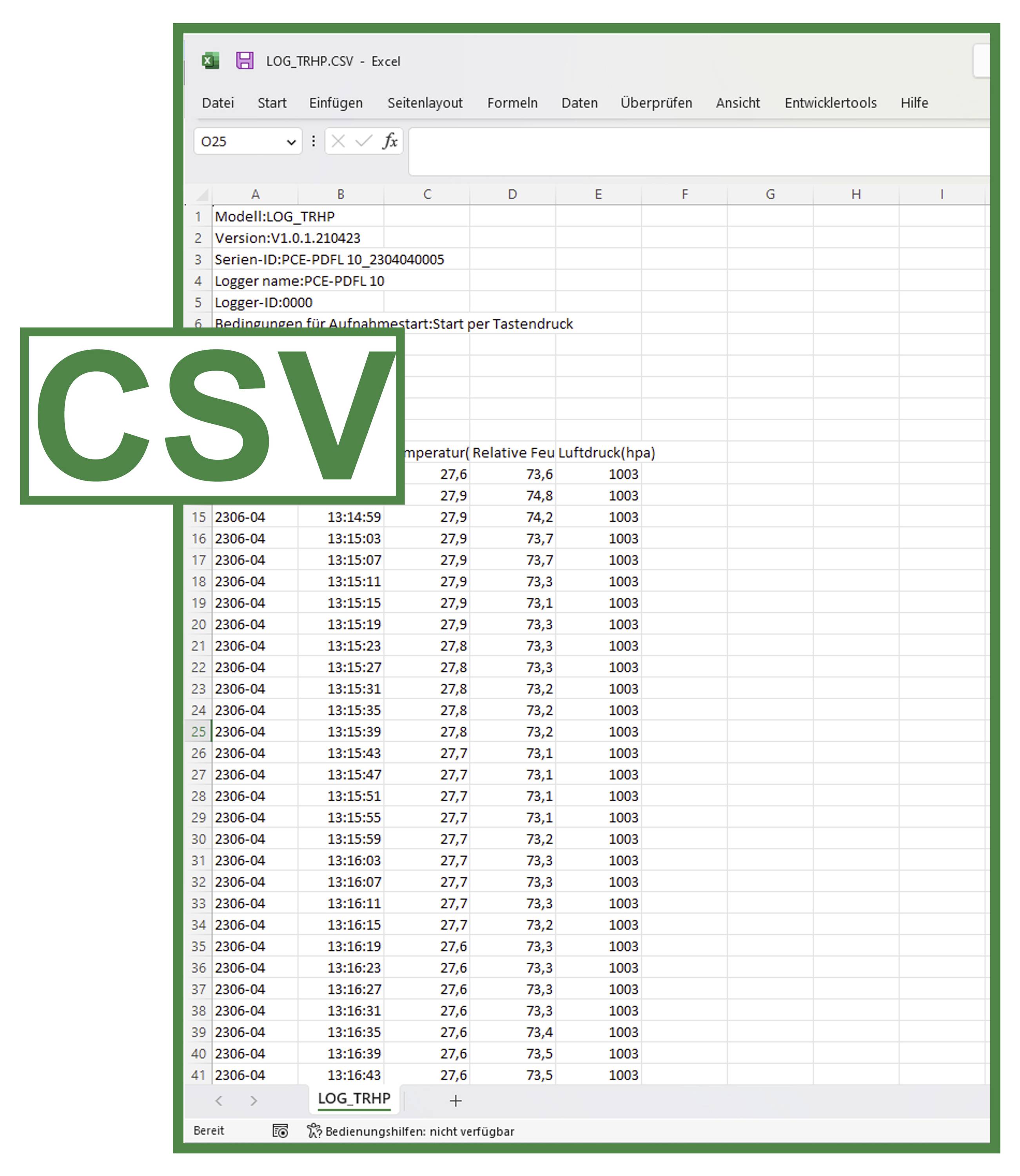 Microsoft Excel zeigt eine CSV-Protokolldatei mit zeitgestempelten Messungen und Spalten für Temperatur, relative Luftfeuchtigkeit und Luftdruck an, überlagert mit einem großen 