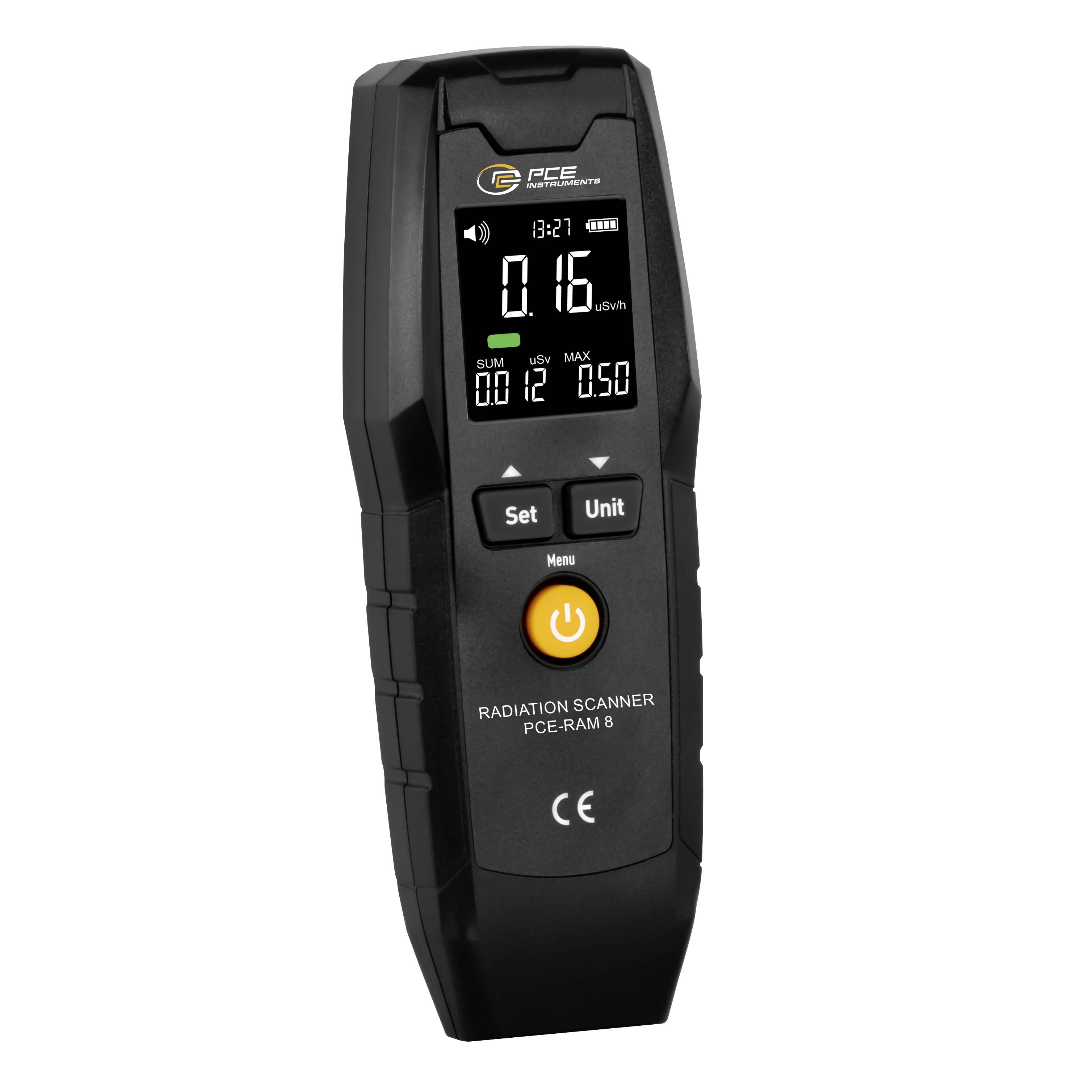 Tragbares Strahlungsmessgerät mit digitaler Anzeige von 0,16 µSv/h, mit Tasten für Einstellung und Einheit sowie Ein-/Ausschalter.