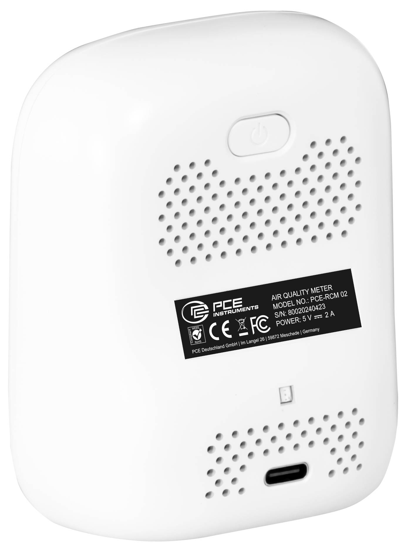 Rückansicht eines weißen Luftqualitätsmessgeräts von PCE Instruments mit Stromschalter, Belüftungslöchern, Etikett und USB-C-Ladeanschluss.