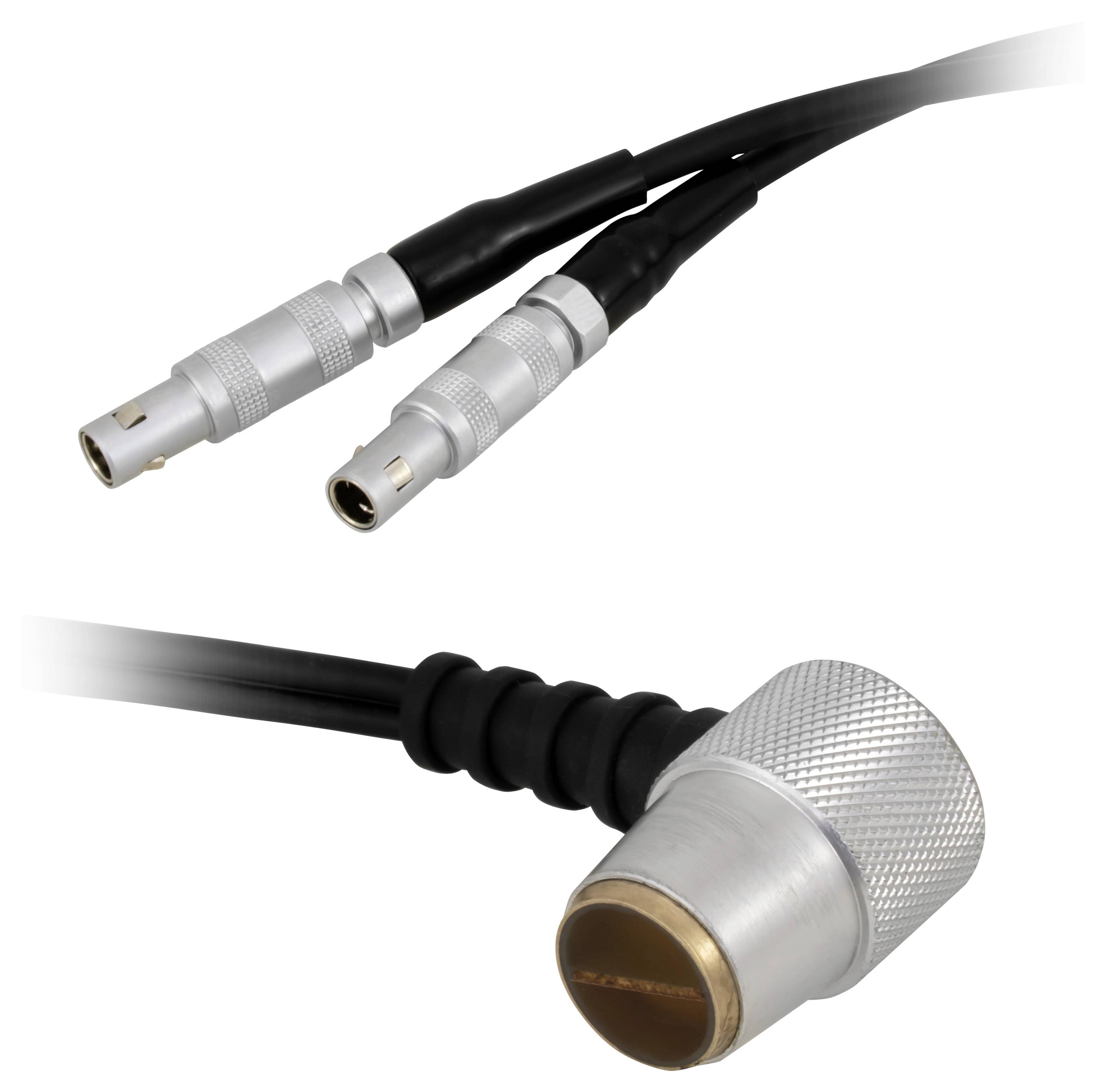 Zwei Nahaufnahmen eines schwarzen Kabels mit silbernen Metallsteckern, die ein Paar Stecker zeigen und eine vergrößerte Steckerspitze.