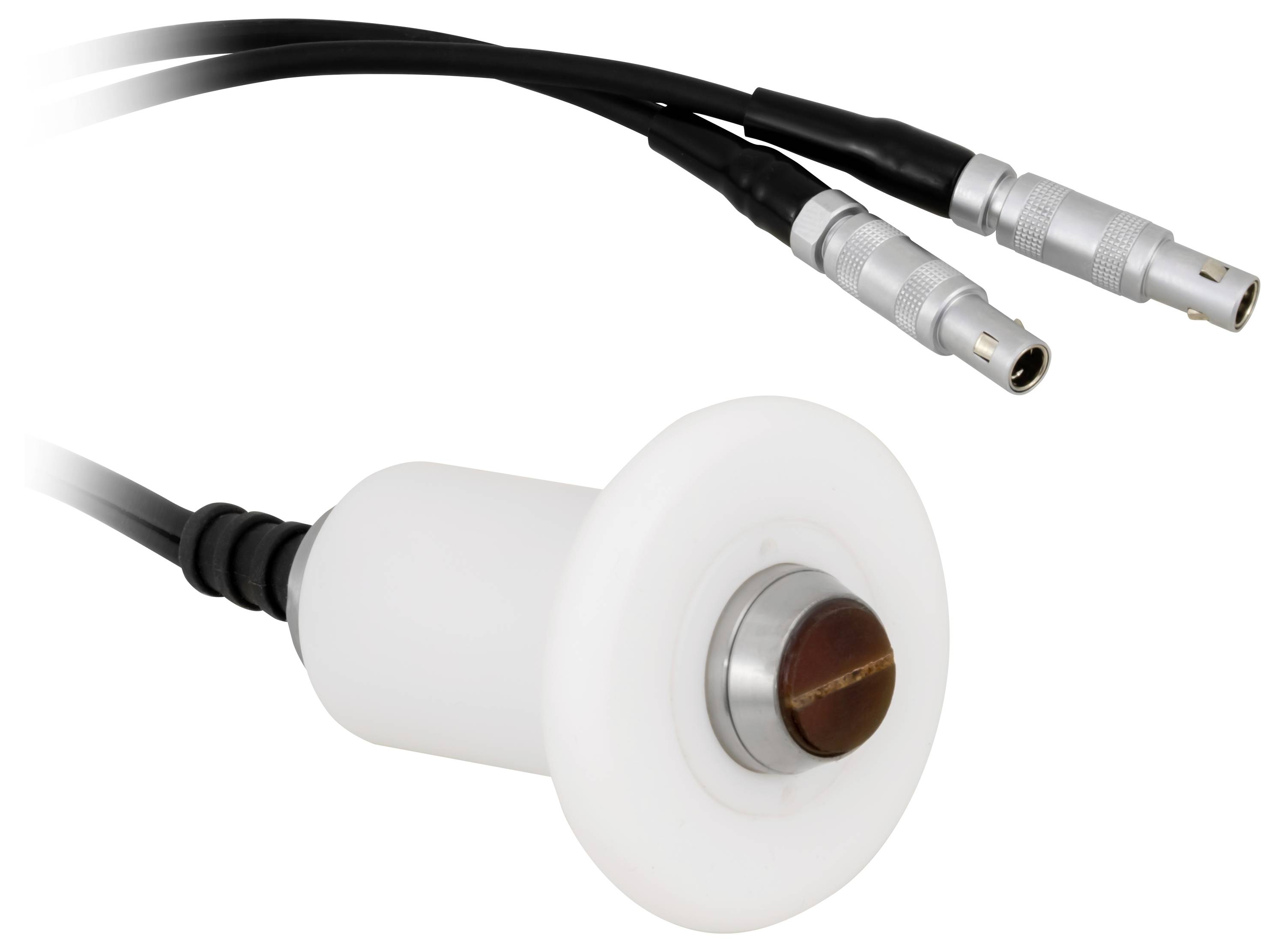 Zwei medizinische Kabel mit Metallsteckern und einem runden weißen Sensor oder eine Elektrode auf weißem Hintergrund.