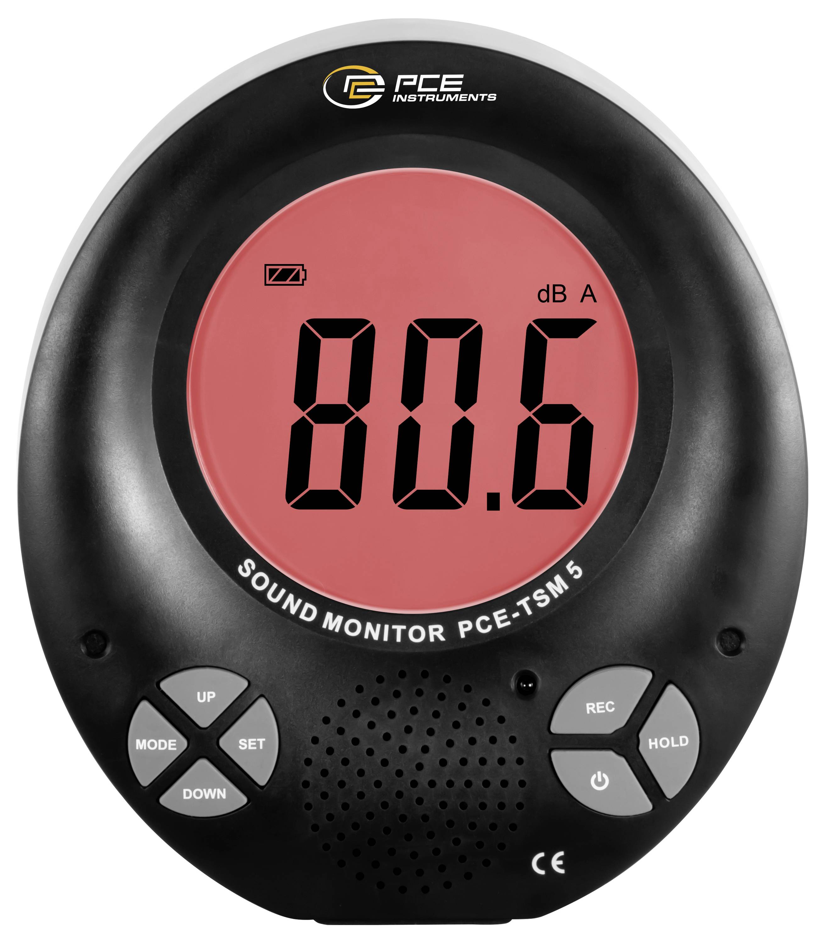 PCE Instruments Schallpegelmesser zeigt 80,6 dB A auf einem kreisförmigen digitalen Display mit den Tasten Modus, Einstellung, Aufnahme, Halten und Ein-/Ausschalter.