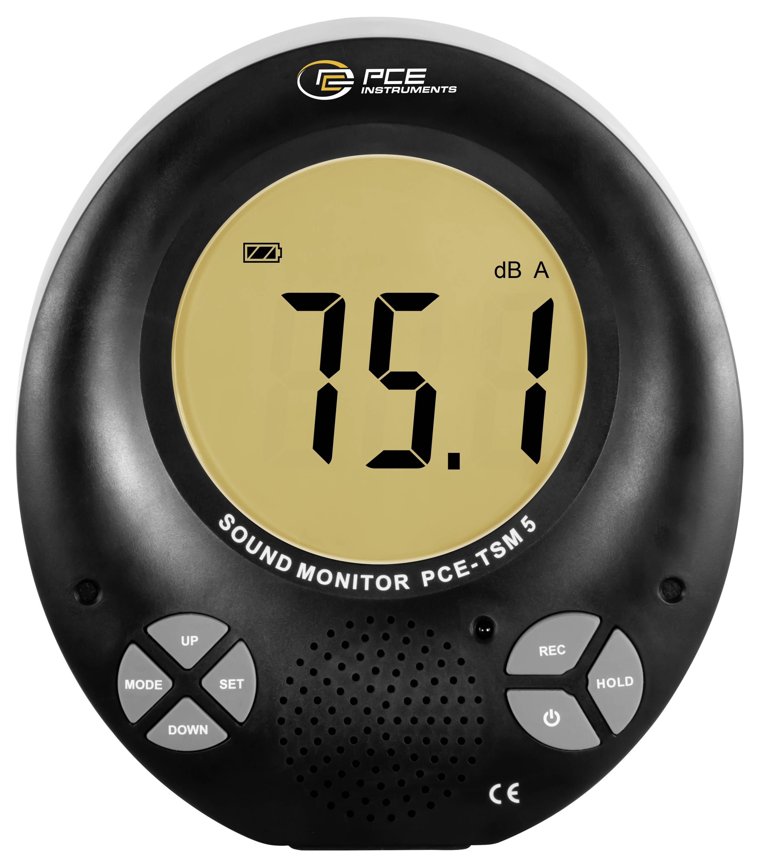 PCE-Schallpegelmesser zeigt 75,1 dB A auf seinem digitalen Display an, mit den Tasten Modus, Einstellung, Aufnahme, Halten und Ein-/Ausschalter.