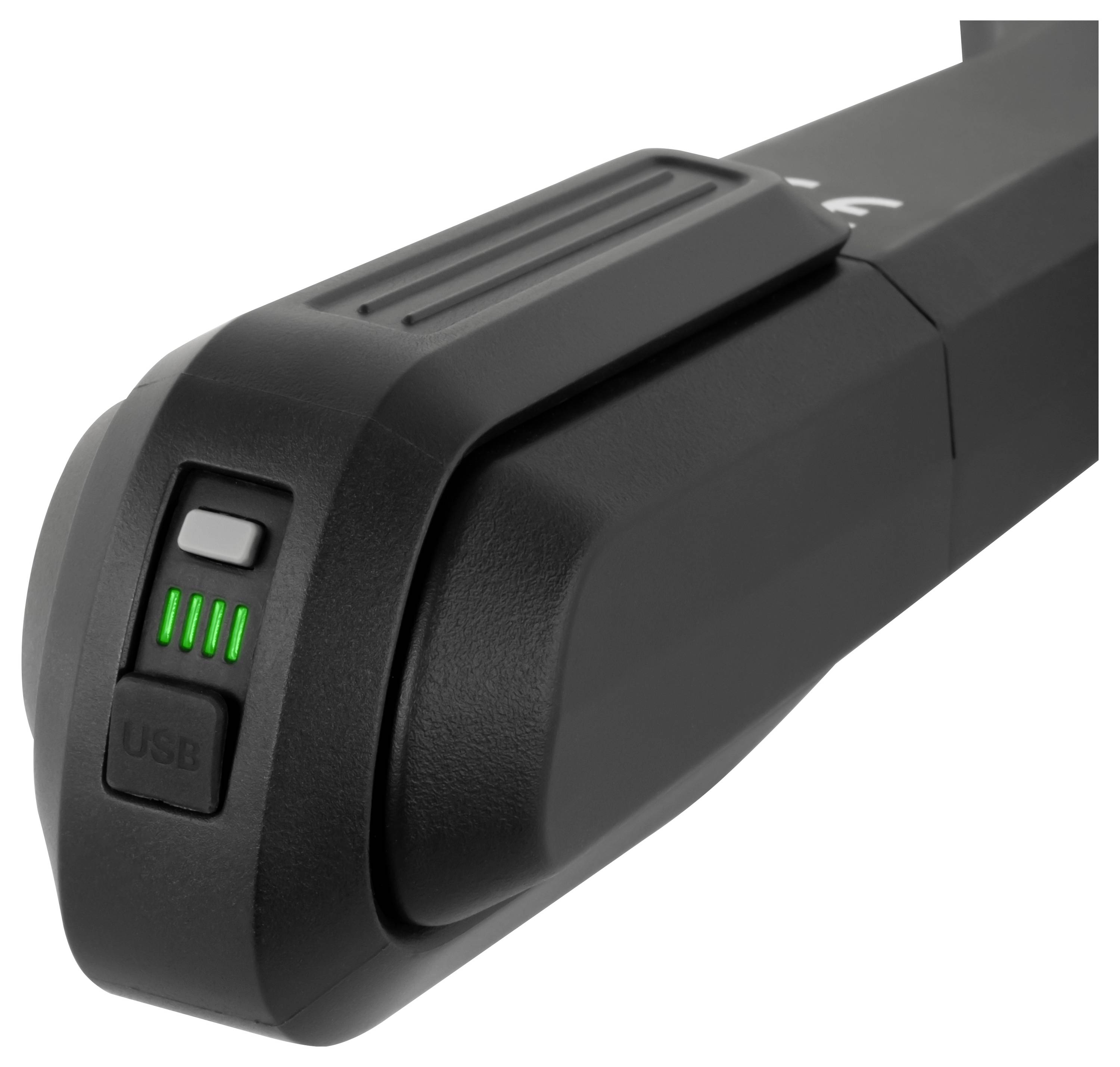 Schwarzes USB-Gerät mit einer Taste und vier grünen LED-Batteriestandsanzeigen am Ende, in Nahaufnahme gezeigt.