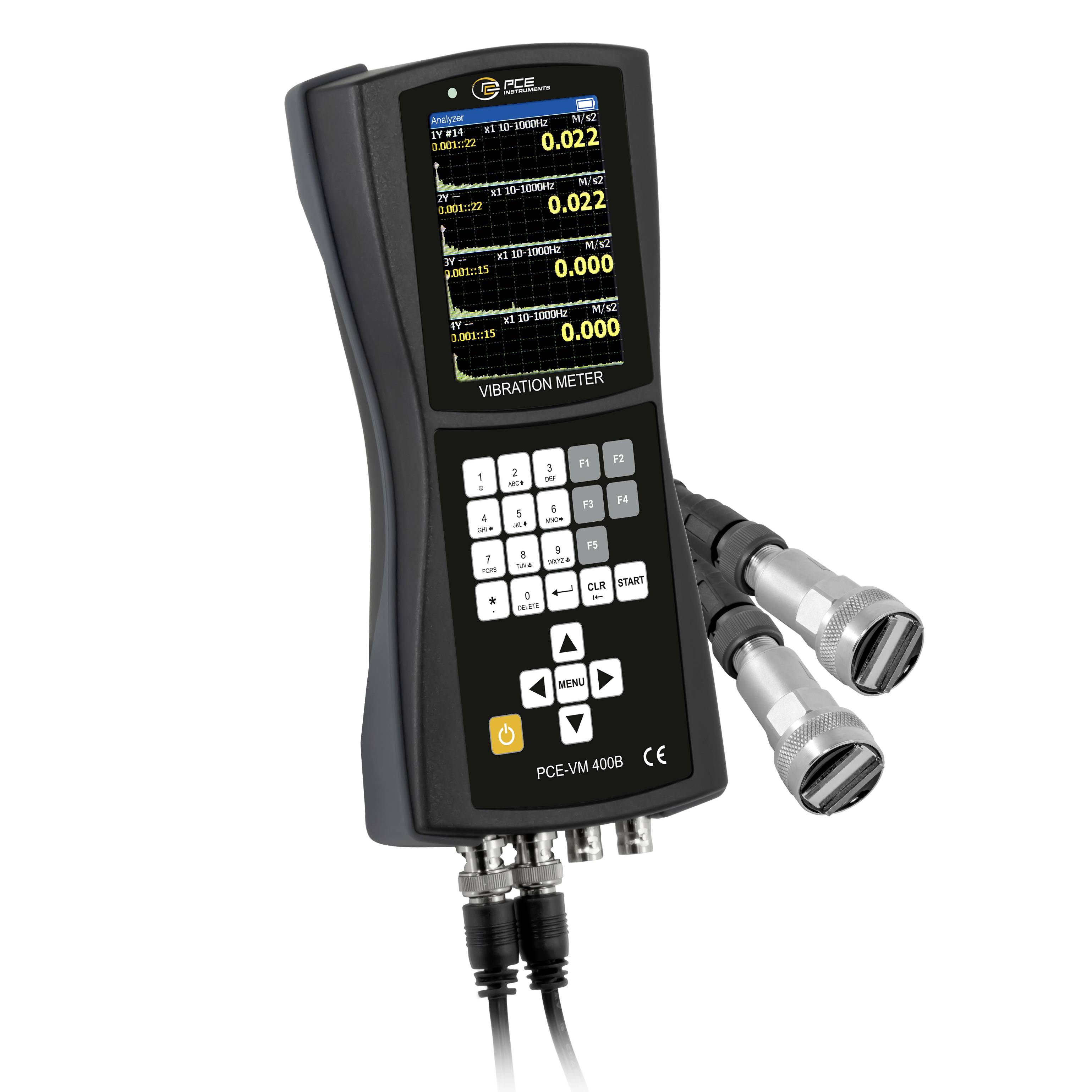 Tragbares Vibrationsmessgerät mit Display, Tastatur und zwei angeschlossenen Sensorsonden.