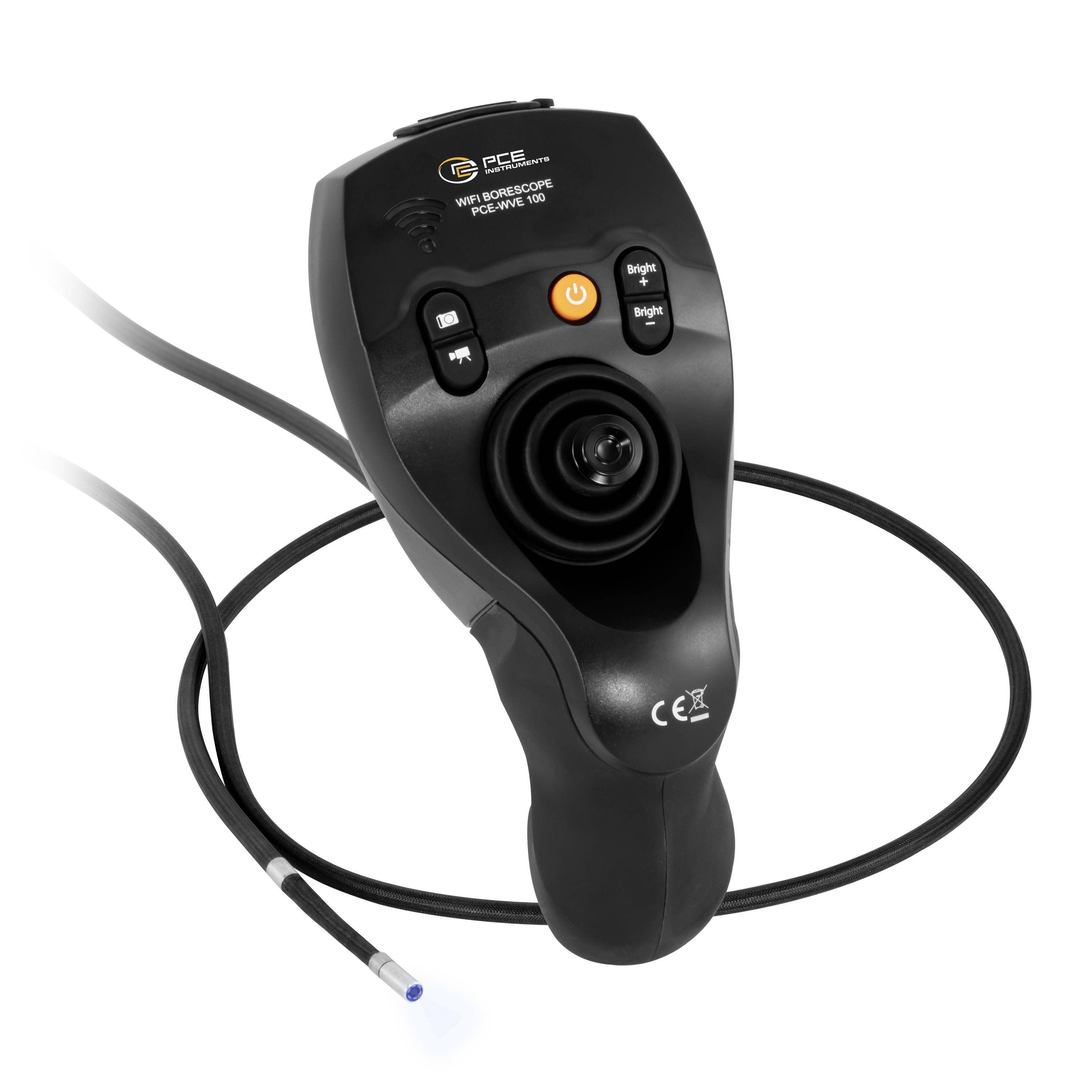 Tragbares Endoskop mit integriertem Bildschirm, Kameraobjektiv und Steuertasten; Kabel mit Sonde ragt aus dem Gerät.