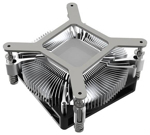 Metallischer Computer-Kühlkörper mit Lüfterhalterung in quadratischer Form, entworfen zur Ableitung von Wärme von Prozessoren.