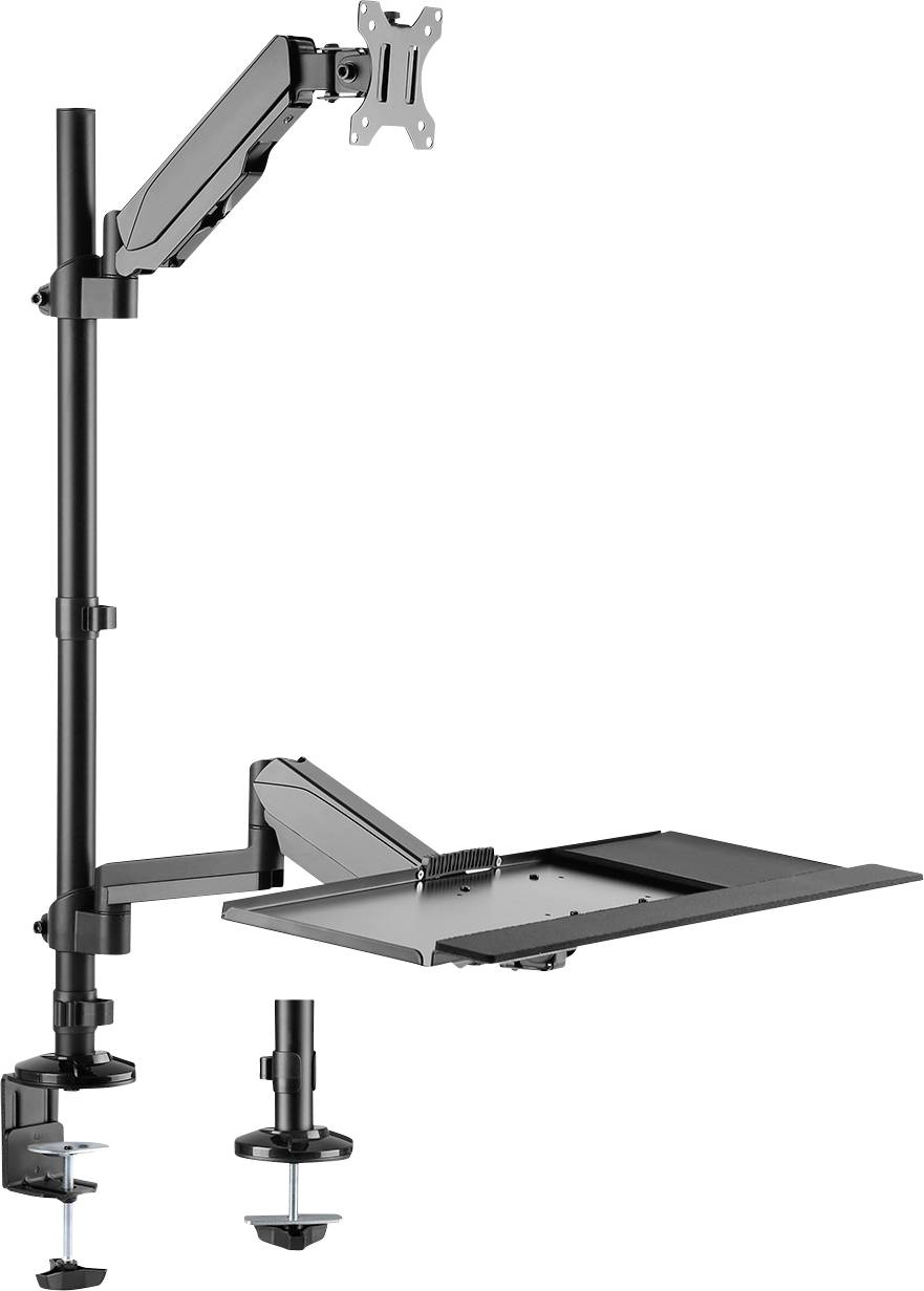 Monitorhalterung mit verstellbarem Arm und Laptopablage zur Tischmontage, geeignet für ergonomische und platzsparende Arbeitsplatzgestaltung.