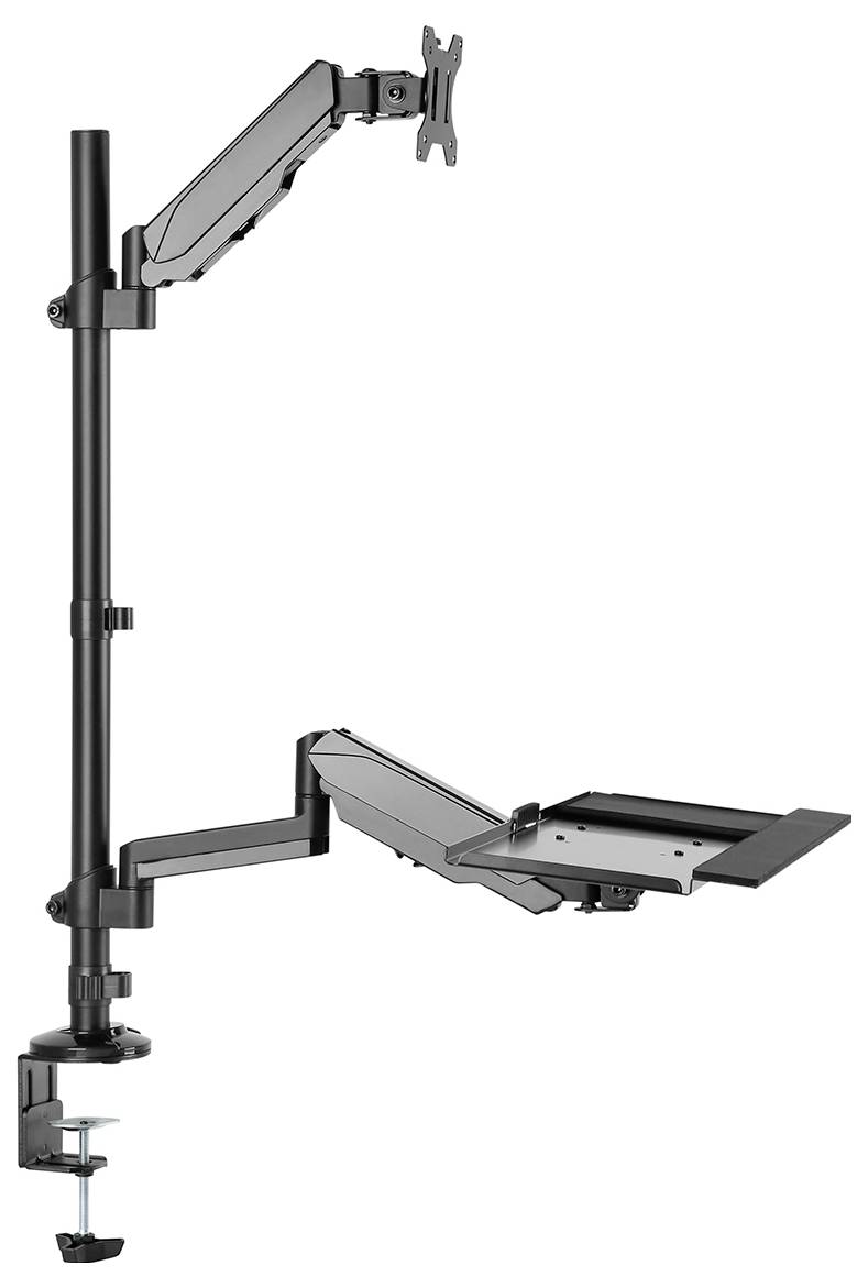 Monitorhalterung mit verstellbarem Arm und Laptop-Ablage. Montiert an einem Tisch, ermöglicht flexible Positionierung von Monitor und Laptop.