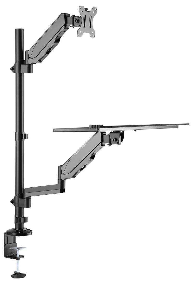 Monitorhalterung aus Metall mit verstellbaren Armen, an die Tischkante geklemmt. Geeignet für die Montage von Monitoren oder Laptops.