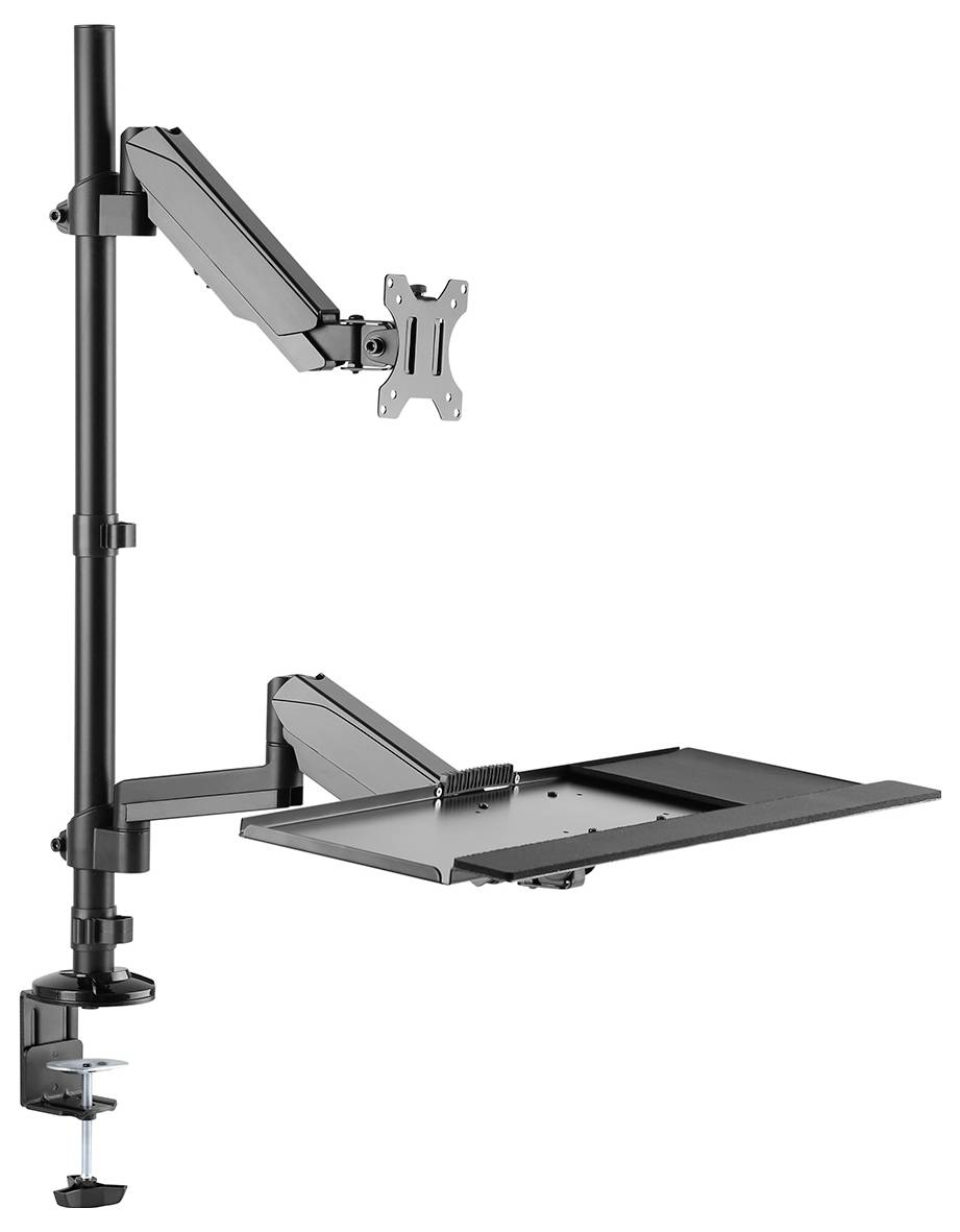 Ein ergonomischer Monitorarm mit Laptopablage, der an einem Schreibtisch befestigt ist. Verstellbare Arme für verschiedene Bildschirmpositionen.