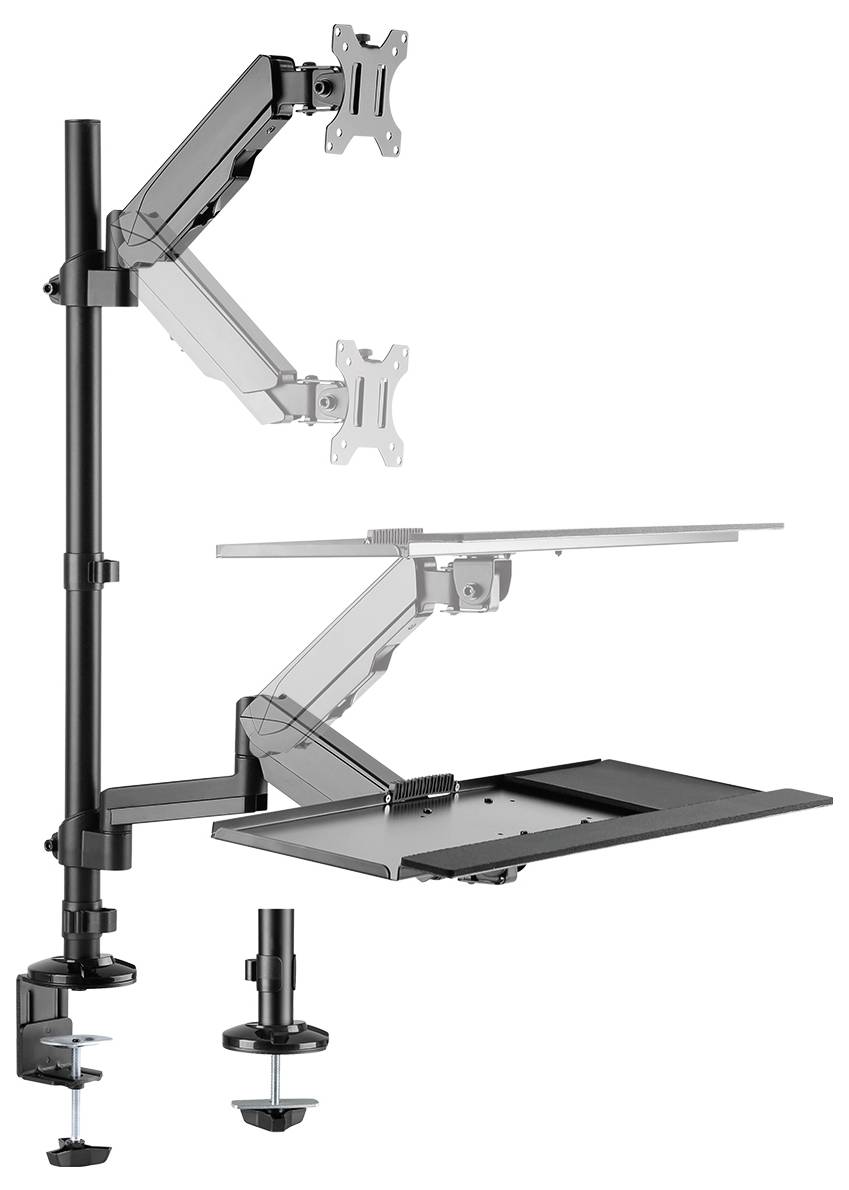 Verstellbare Dual-Monitorhalterung mit Tastaturablage, an Tischkante befestigt. Ideal für ergonomische Arbeitsstationen.