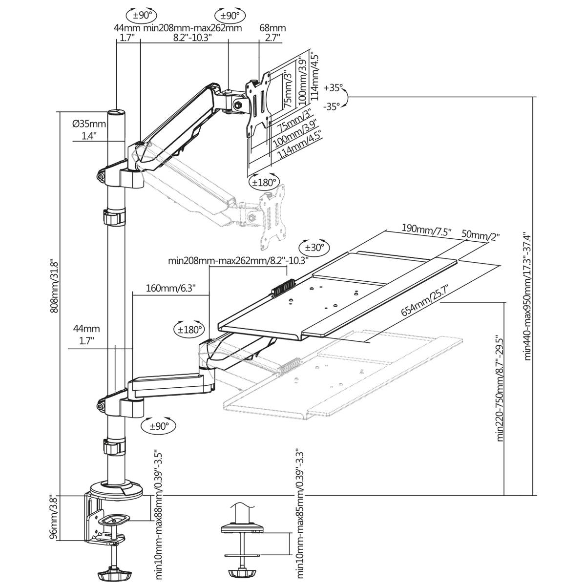 Technische Zeichnung eines verstellbaren Monitorarms mit detaillierten Maßen und Winkeln. Geeignet für Monitore bis 27 Zoll.