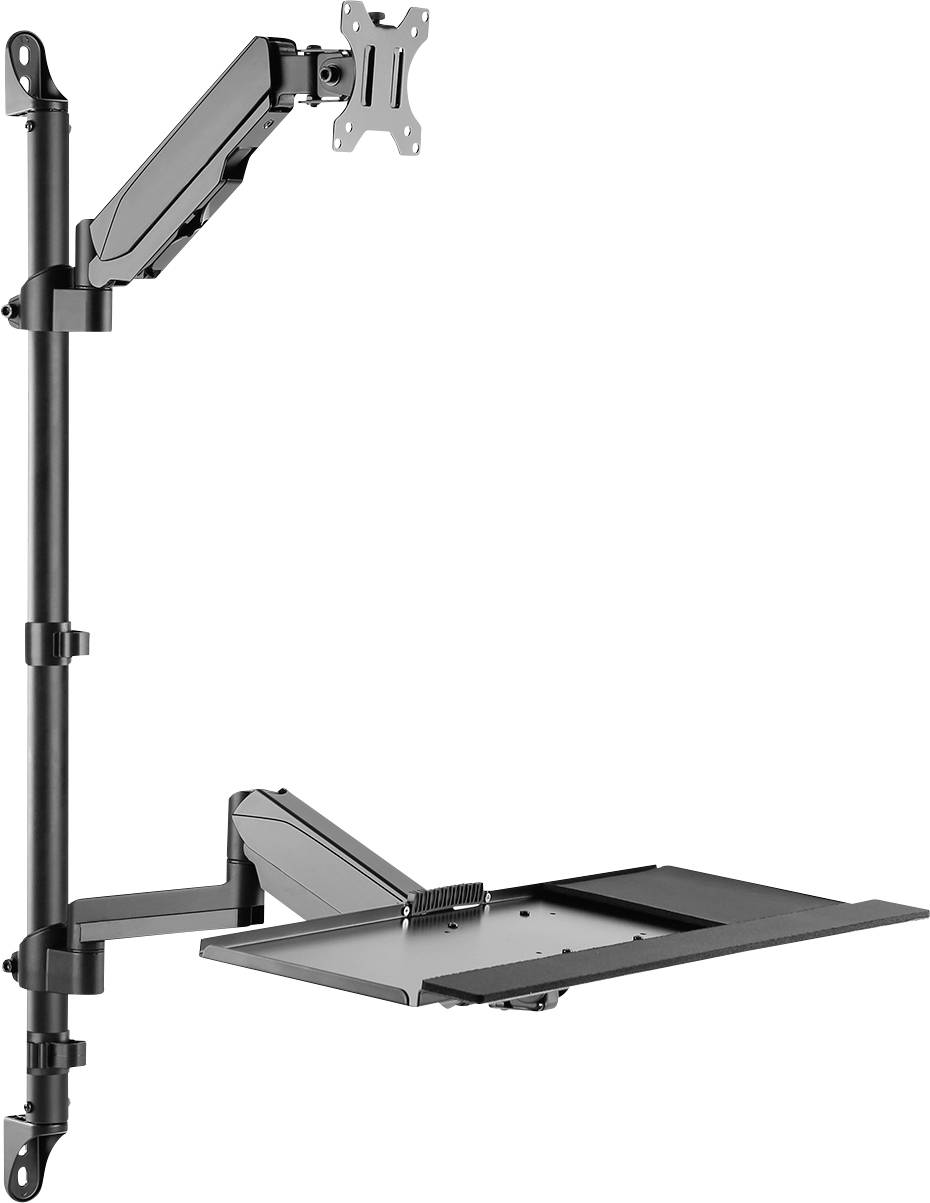 Ein verstellbarer Monitorarm mit einer Ablage für Tastatur und Maus, montiert an einer Stange zur Befestigung an einem Schreibtisch.