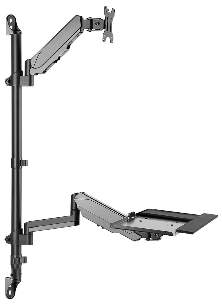 Monitor- und Tastaturhalterung aus Metall mit verstellbaren Armen. Zur Wandmontage, ermöglicht Ergonomieanpassung im Arbeitsbereich.