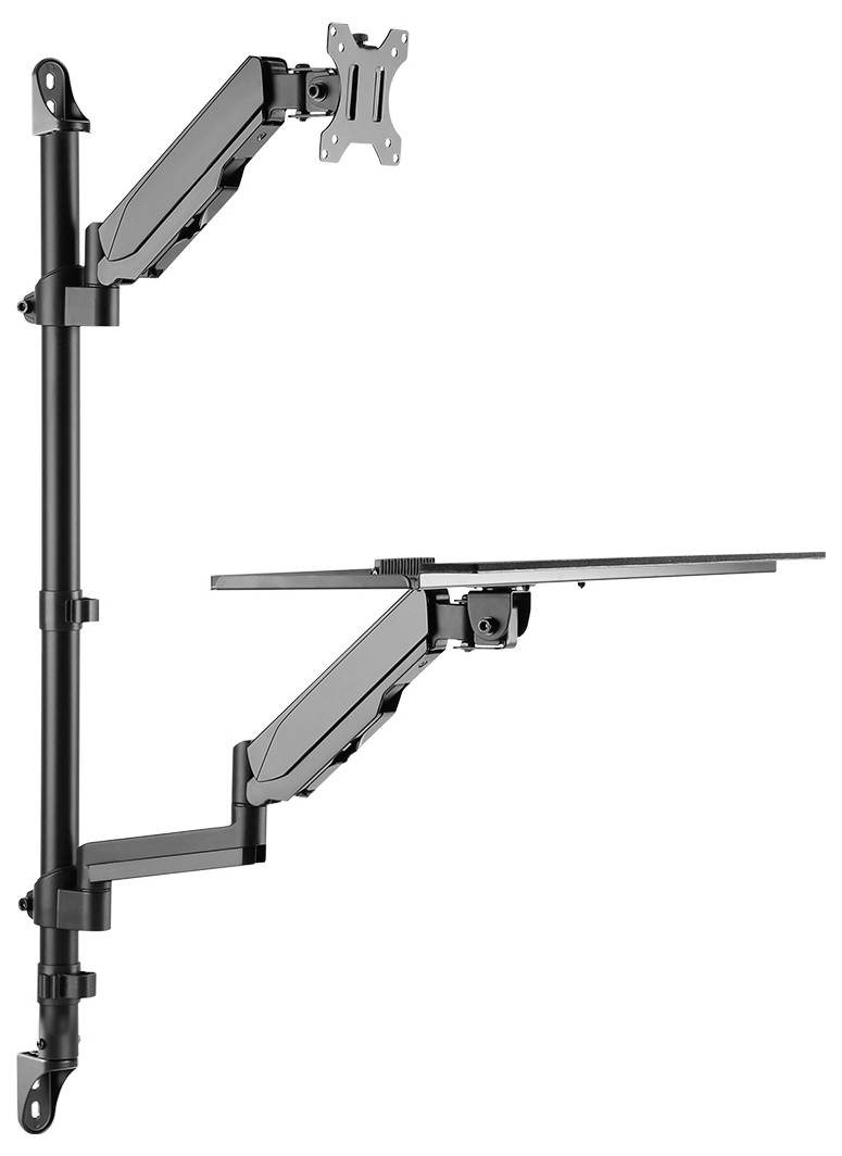 Monitorarm aus schwarzem Metall mit zwei verstellbaren Armen, befestigt an einer Stange zur Tischmontage.